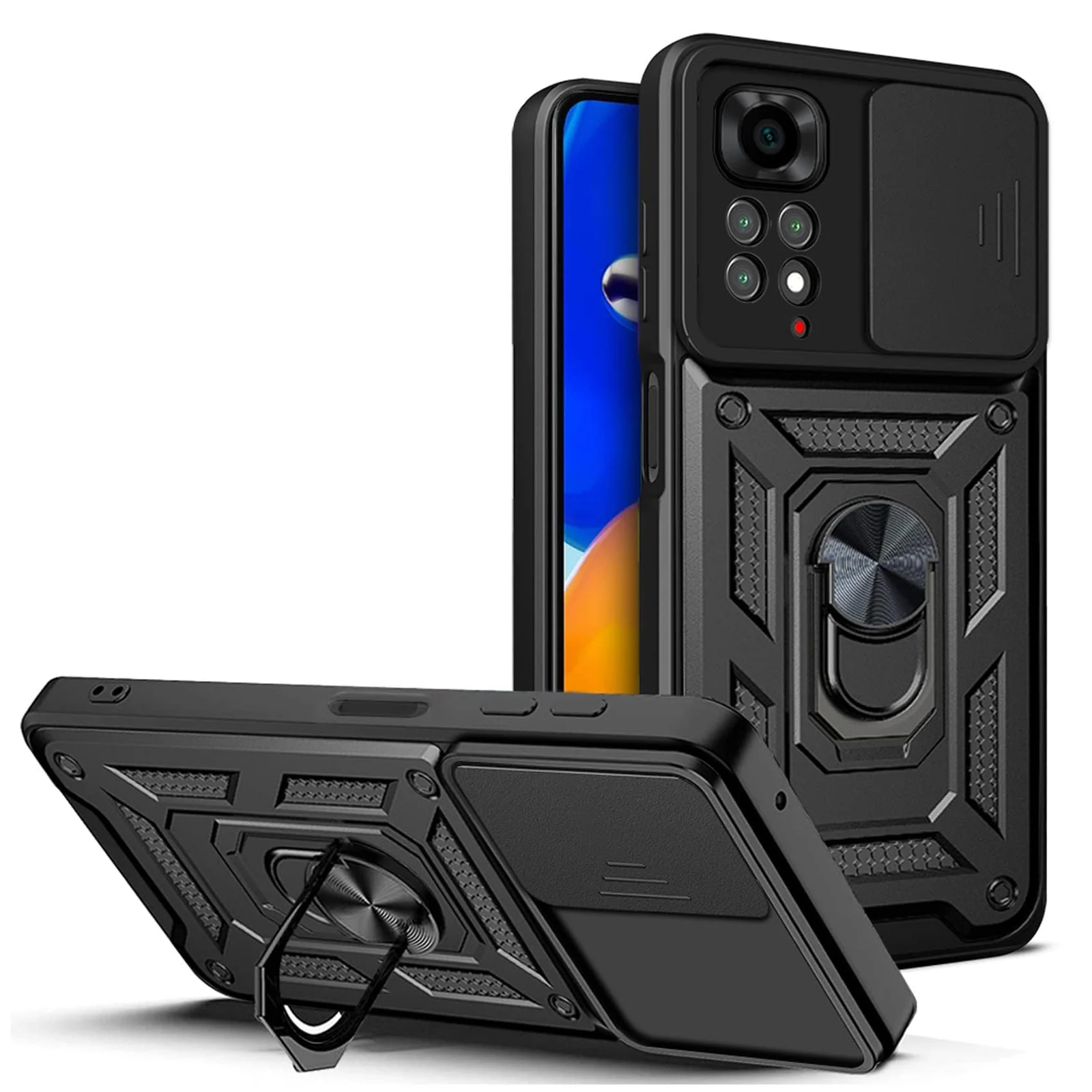 DL3 Mobilak Protective Case with Sliding Camera Cover, Metal Ring Kickstand and Magnetic Car-Mount Support for Xiaomi Redmi Note 12 Pro 4G / Redmi Note 11 Pro 4G&5G - Black