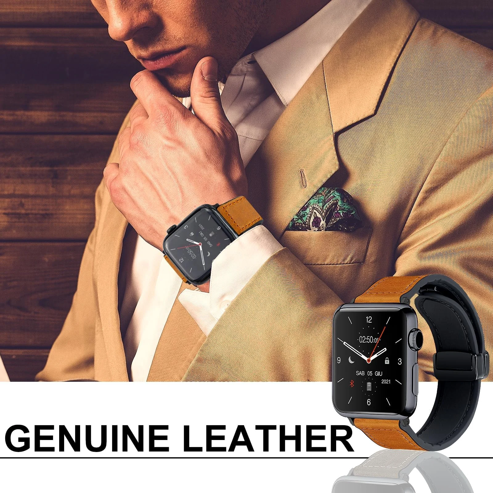 DL3 Mobilak Leather Bands Compatible with Apple Watch Band 49mm 45mm 44mm 42mm, Leather Magnetic Buckle Design Strap For iWatch Ultra Ultra 2 SE Series 9 8 7 6 5 4 3 2 1 Wristband For Men Women - A.Brown
