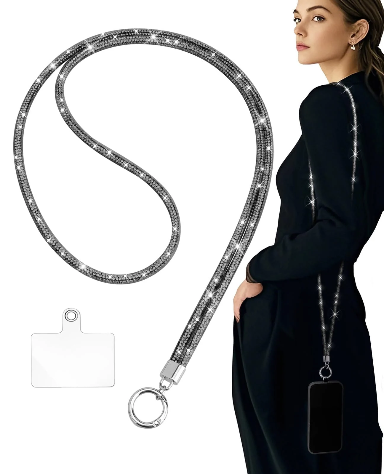 DL3 Mobilak Universal Phone Lanyard Crossbody, Rhinestone Cell Phone Chain Anti-Theft with 1× Shiny Phone Strap, 1× Pad for Most Smartphones, Diamond Phone Neck Holder for Women - Black