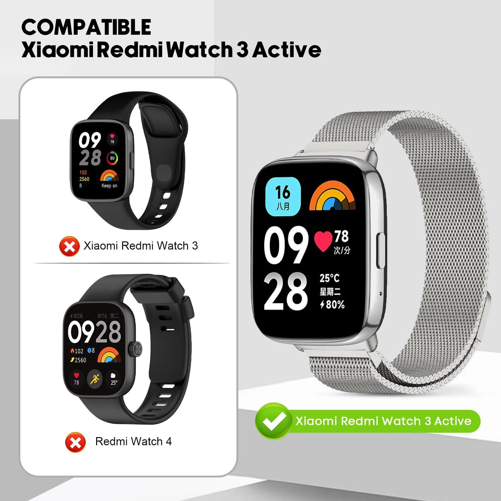 DL3 MOBILAK Milanese Magnetic Stainless-Steel Watch Strap for Xiaomi Redmi Watch 3 Lite and 3 Active - Titanium Silver