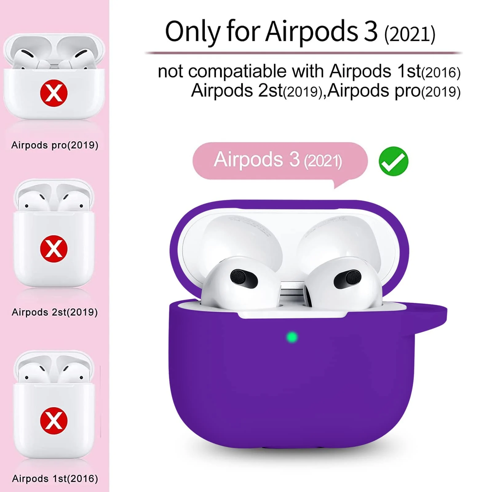 DL3 Mobilak AirPods 3 Case Cover, Silicone Protective Accessories Skin with Keychain Compatible with Apple AirPod 3rd Generation 2021 for Women Girl, Front LED Visible - Purple