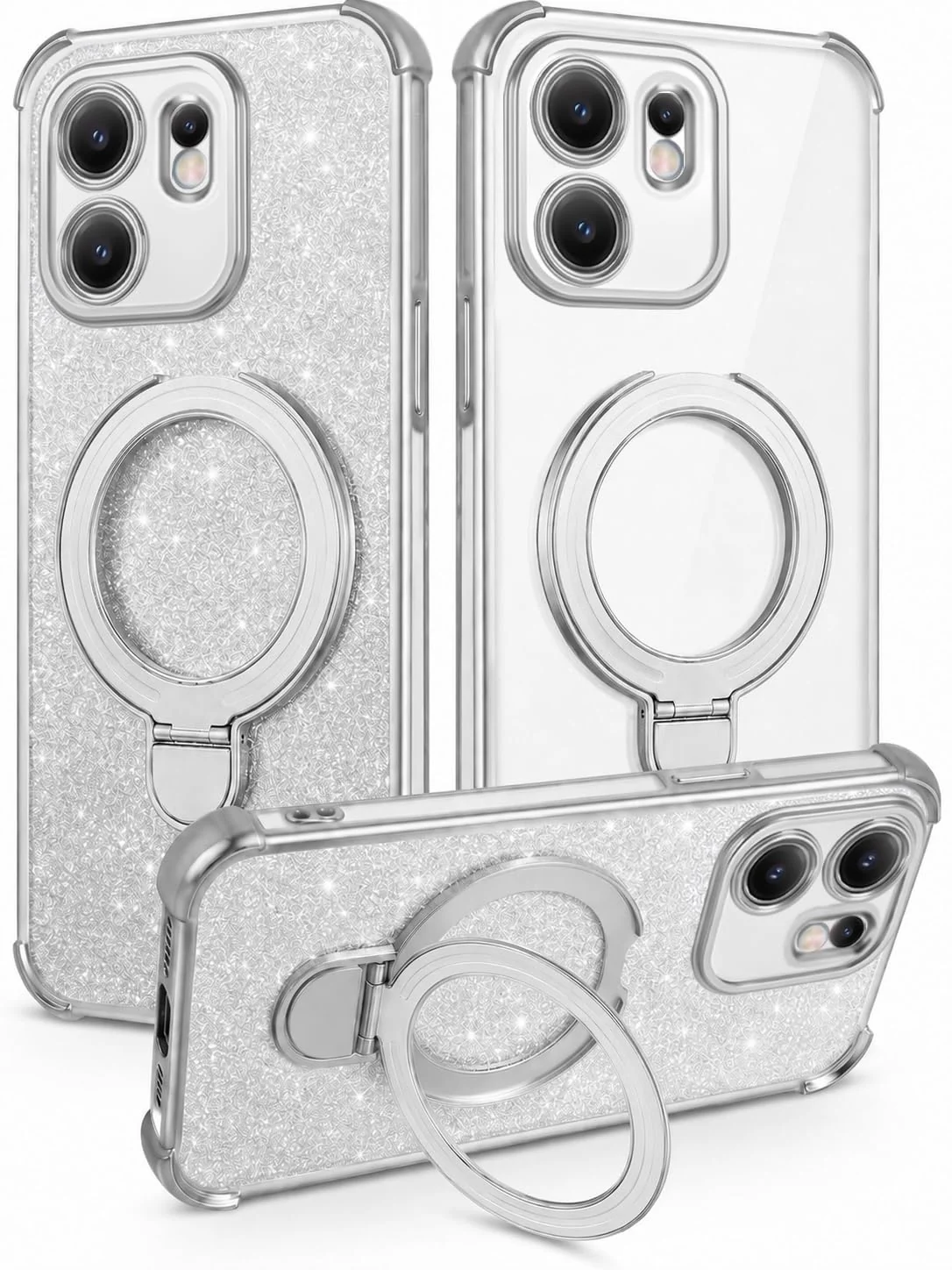MOBIGON Glitter Phone Case with Magnetic Ring Stand for OPPO Reno 13F, Silver