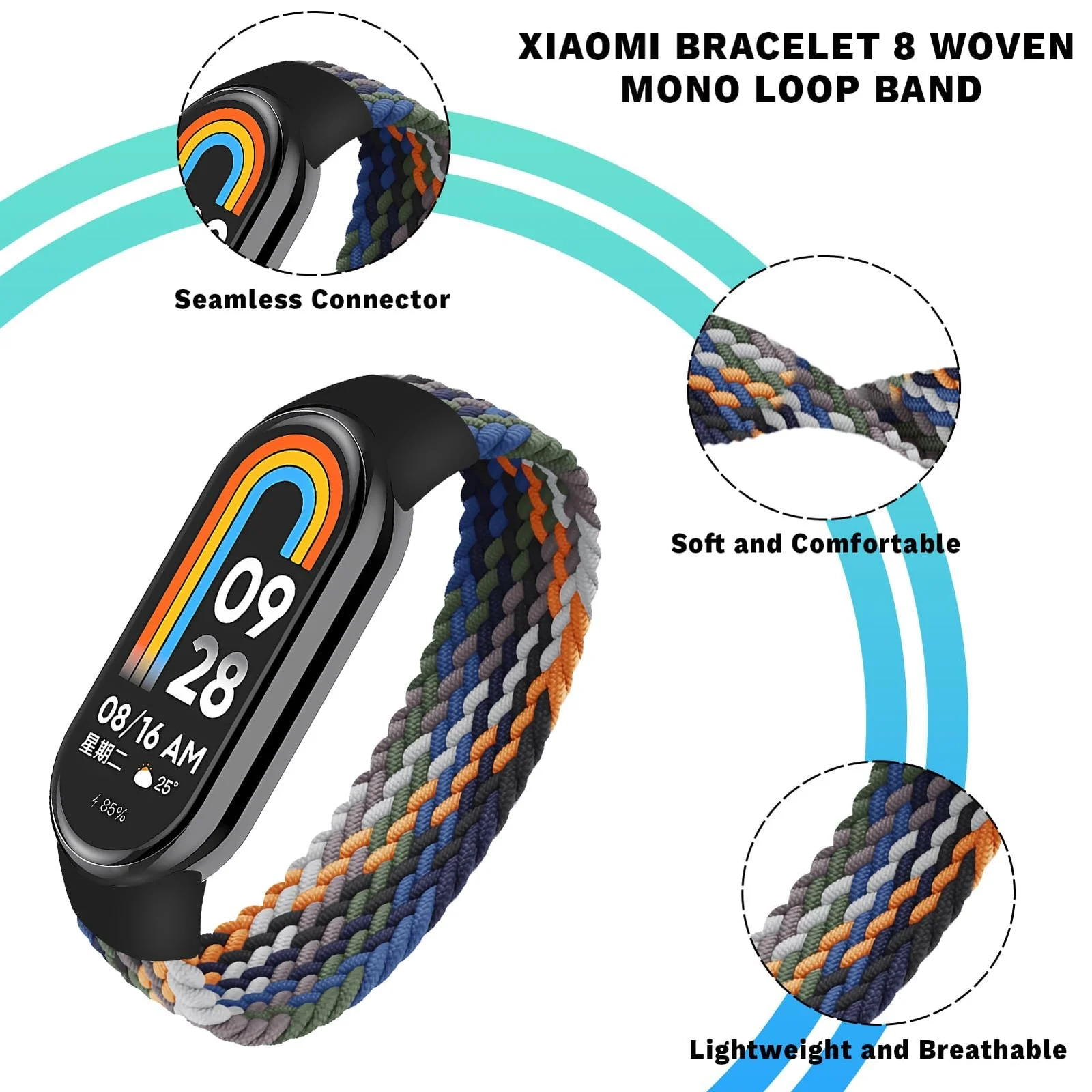 DL3 Mobilak Braided Solo Loop Band for Xiaomi Mi Band 9/Xiaomi Mi Band 8 Strap Women Men, Soft Elastic Nylon Replacement Wristband for Xiaomi Smart Band 9/8 Strap - Denim Colorful