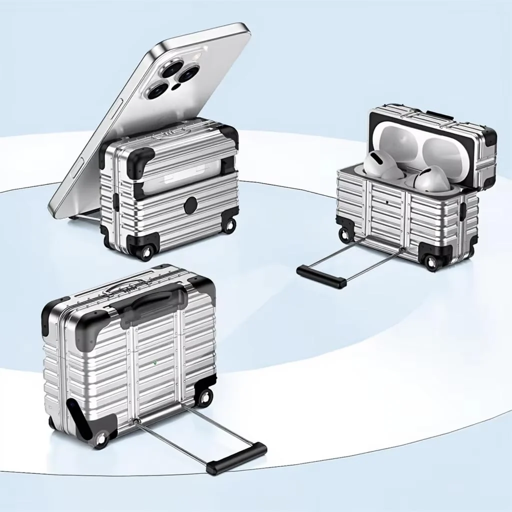 MOBIGON Suitcase-Style Hard Earbuds Case with Keychain for Apple AirPods Pro 3 (2025), Silver