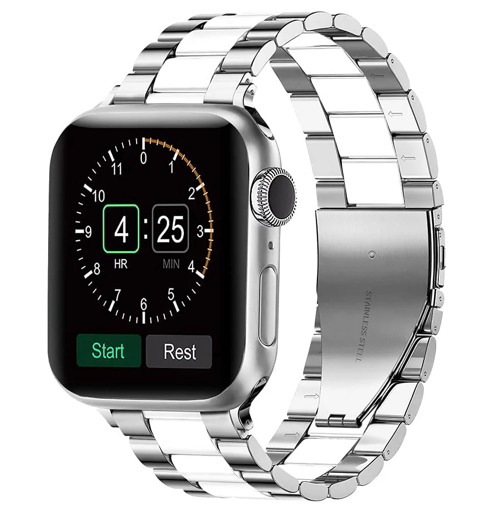 DL3 Mobilak Stainless Steel Band with Case Compatible with Apple Watch Band 45mm Series 9/8/7, Men Woman Business Strap with Protective Bumper Cover for iWatch Series 7/8/9 45mm - Silver White