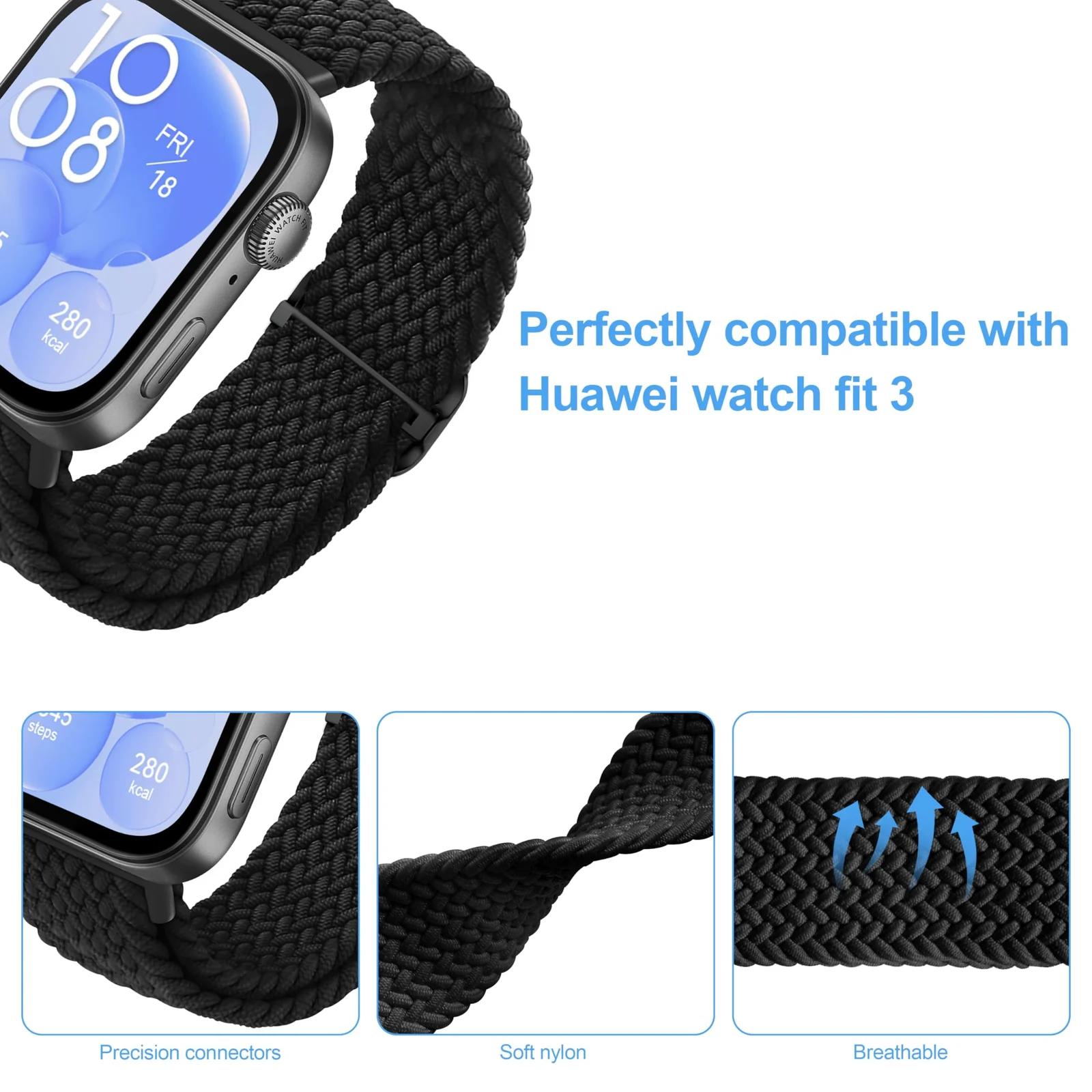 DL3 Mobilak Replacecment Band Compatible with Huawei Watch Fit 3 for Women Men, Adjustable Braided Bands Straps Elastics Sport Wristband Nylon Band Compatible with Huawei Watch Fit 3 Strap - Black
