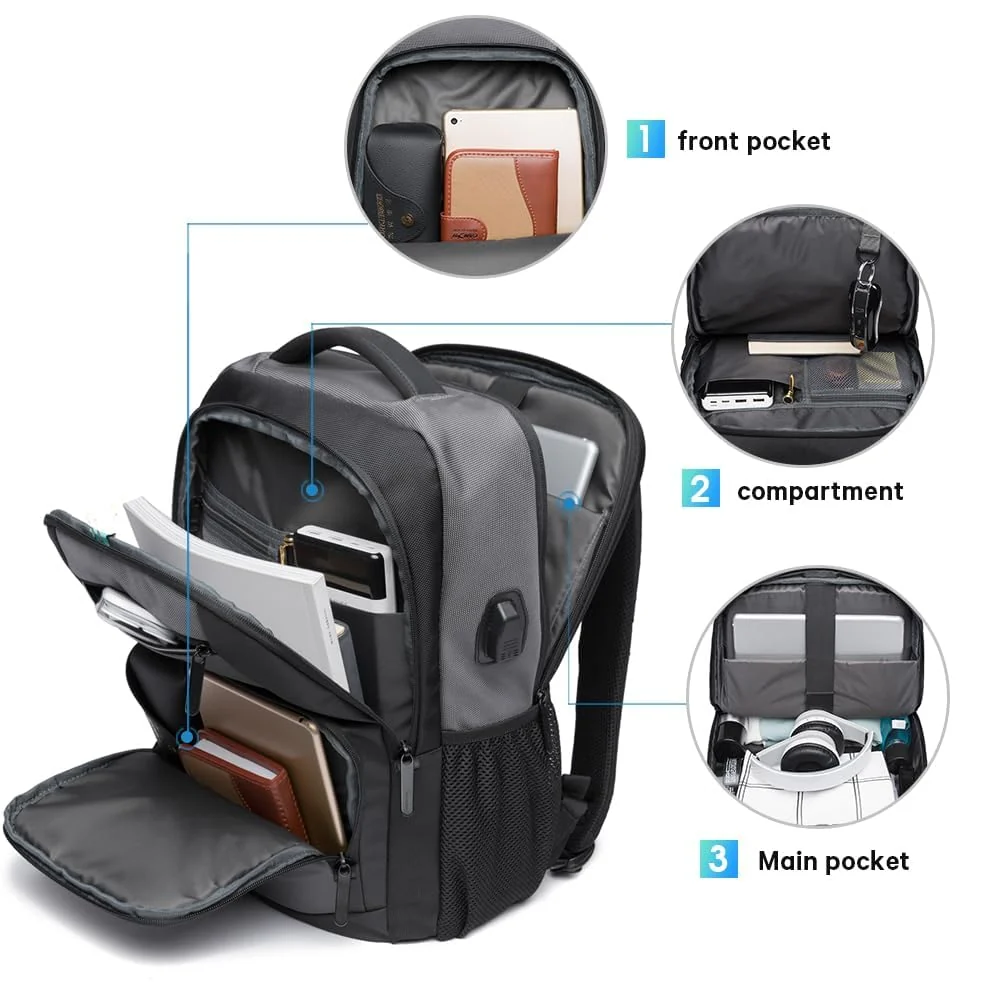 Mobigon Business Laptop Backpack, 15.6 Inch Travel Laptop Bag Rucksack with USB Charging Port, Water-Resistant Bag Daypack for Work College Computer Men Women Backpack - Gray