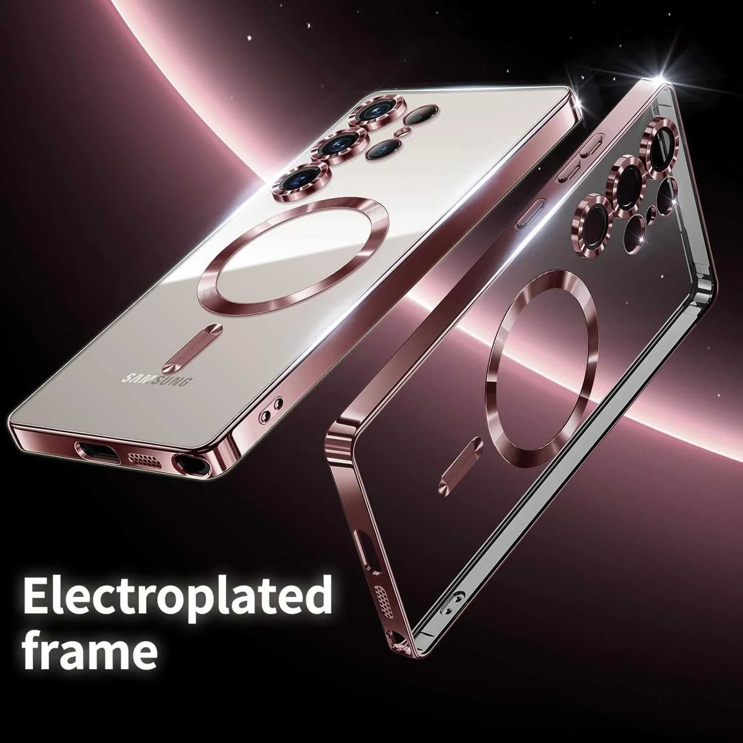 DL3 Mobilak For Samsung Galaxy S22 Ultra Magnetic Case, Compatible with MagSafe, Built-in Camera Lens Protector, Luxury Plating Soft TPU Clear Shockproof Slim Thin Cover - Rose Gold