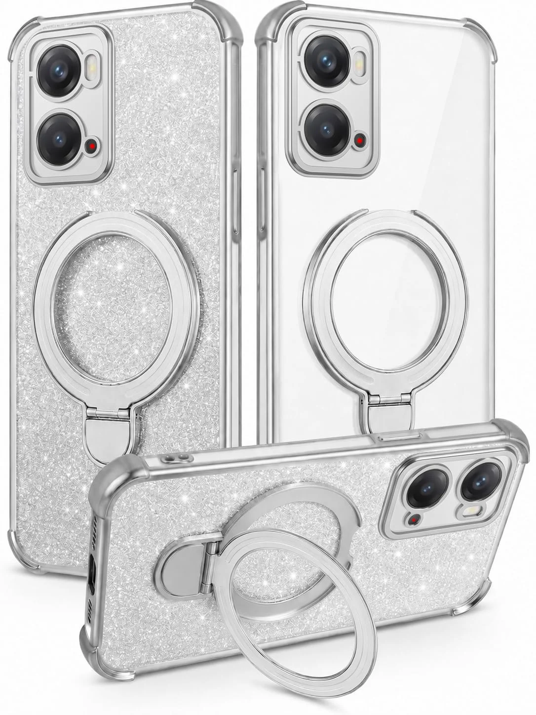 Mobigon Glitter Phone Case Compatible with OPPO A36 / A76 / A96, Magnetic Ring Stand Shockproof Cover, Clear Soft TPU Bumper with Full Camera Protection - Silver