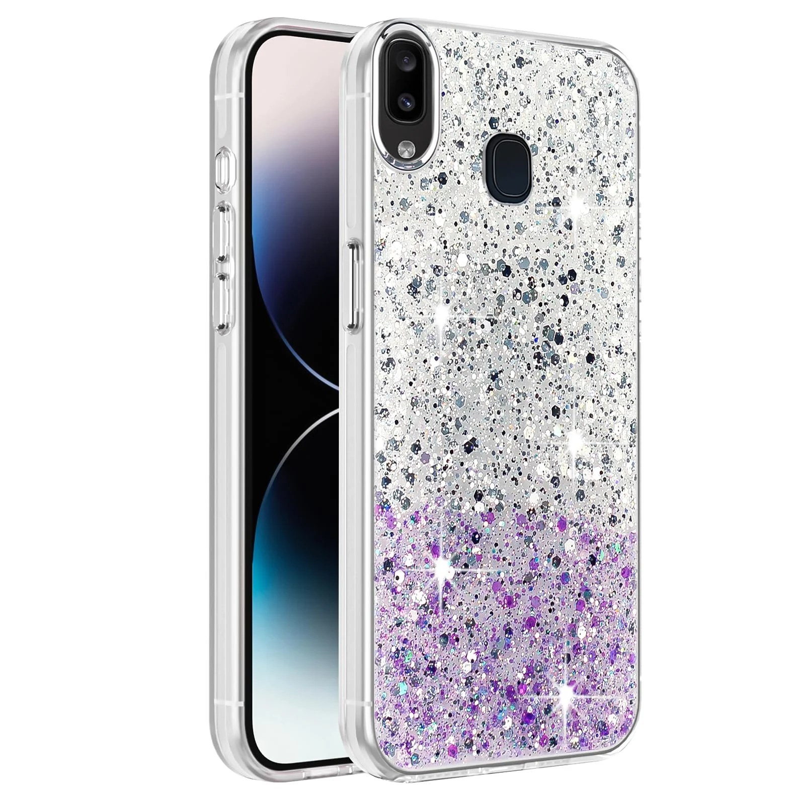 Dl3 Mobilak Compatible with Samsung Galaxy A20/A30/M10S Case, Clear Glitter Bling Sparkly, Soft TPU Frame Bumper, Hard-Back Cover for Women & Girls, Transparent Protective Phone Case (White Purple)