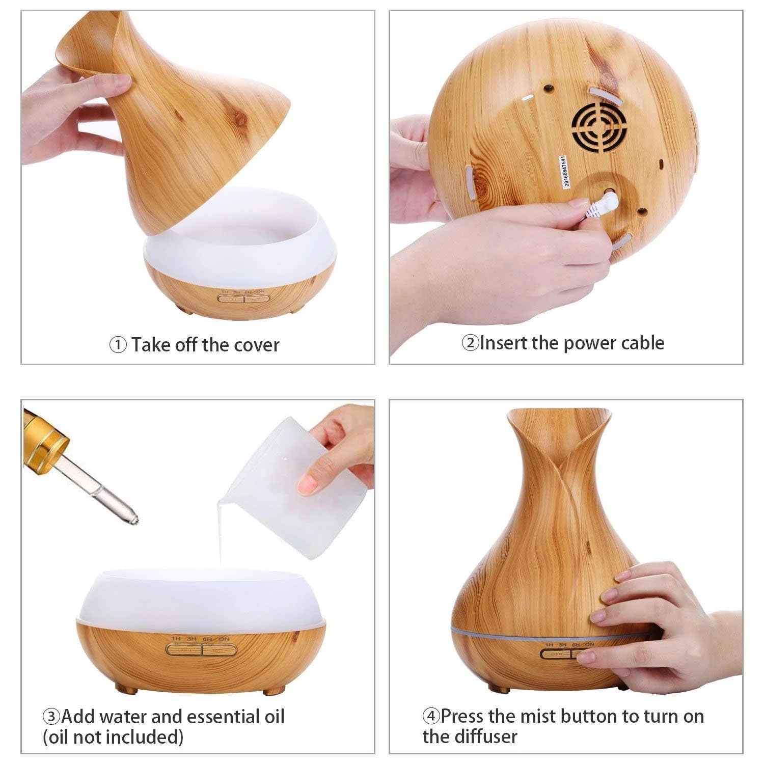 Mobigon Essential Oil Diffuser, Aromatherapy Diffuser 500ml with Remote Control, 4 Timer & Auto-Off Safety Switch, 7 Color LED Lights Mode, 10 Hours Quiet Humidifier for Bedroom - Light Woody
