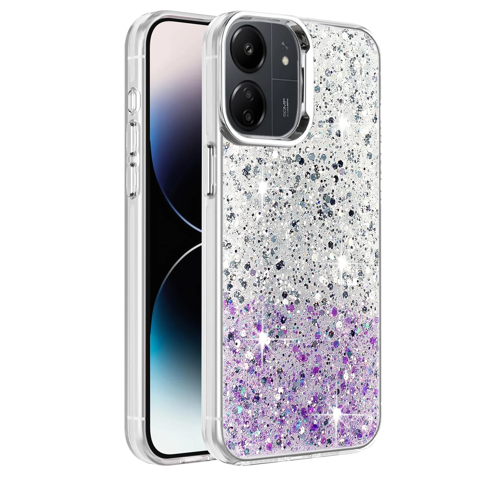 DL3 Mobilak Glitter Protective Case with Camera Protection for Xiaomi Redmi 13C 4G / Poco C65 - White Purple