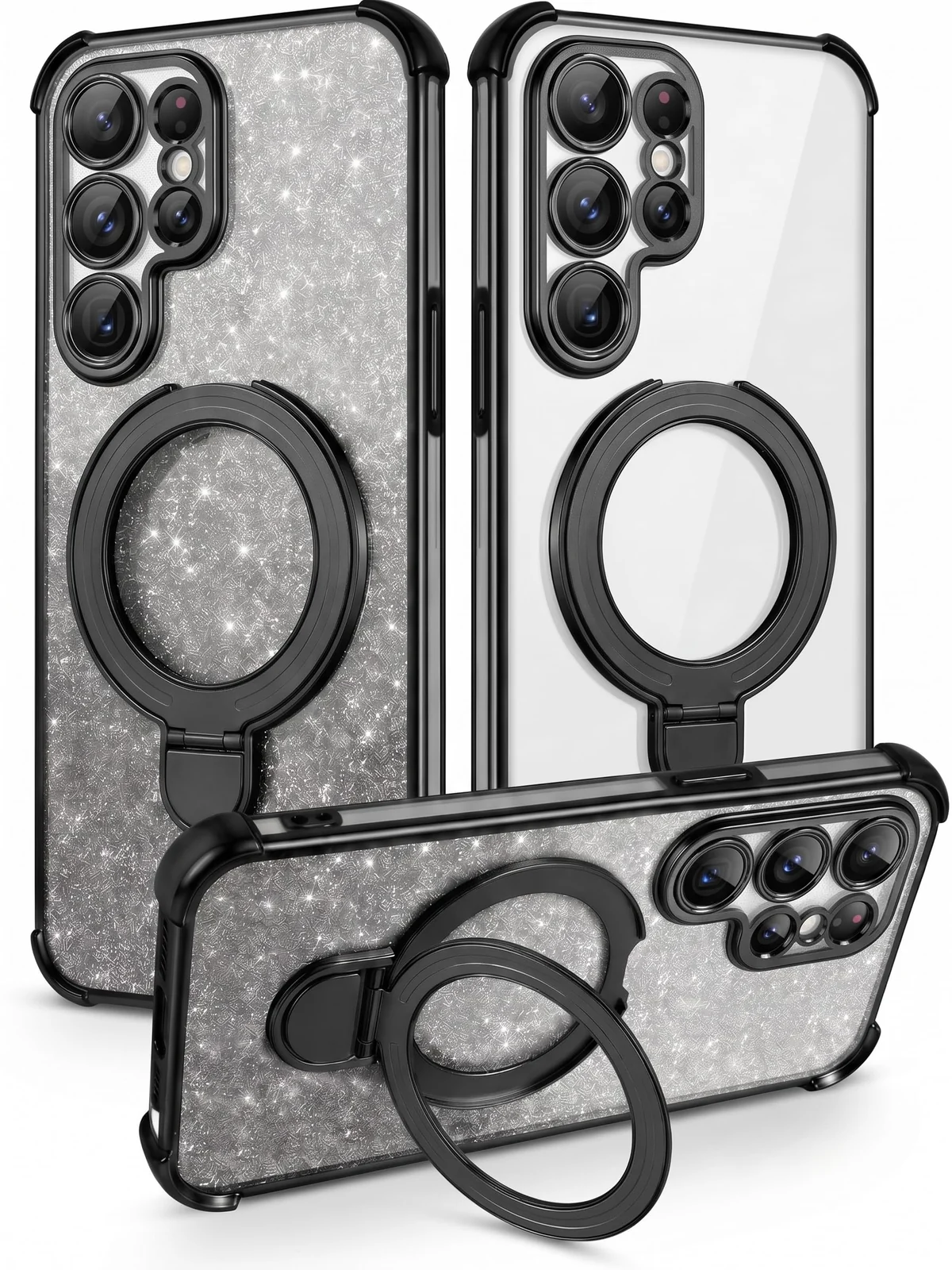 Mobigon Glitter Phone Case Compatible with Samsung Galaxy S25 Ultra, Magnetic Ring Stand Shockproof Cover, Clear Soft TPU Bumper with Full Camera Protection