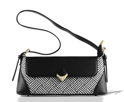 Mobigon Elegant Women’s Baguette Shoulder Bag with Magnetic Gold Clasp, Textured Faux Leather, Zippered Main Compartment & Inner Pocket for Formal & Daily Use - Black&White