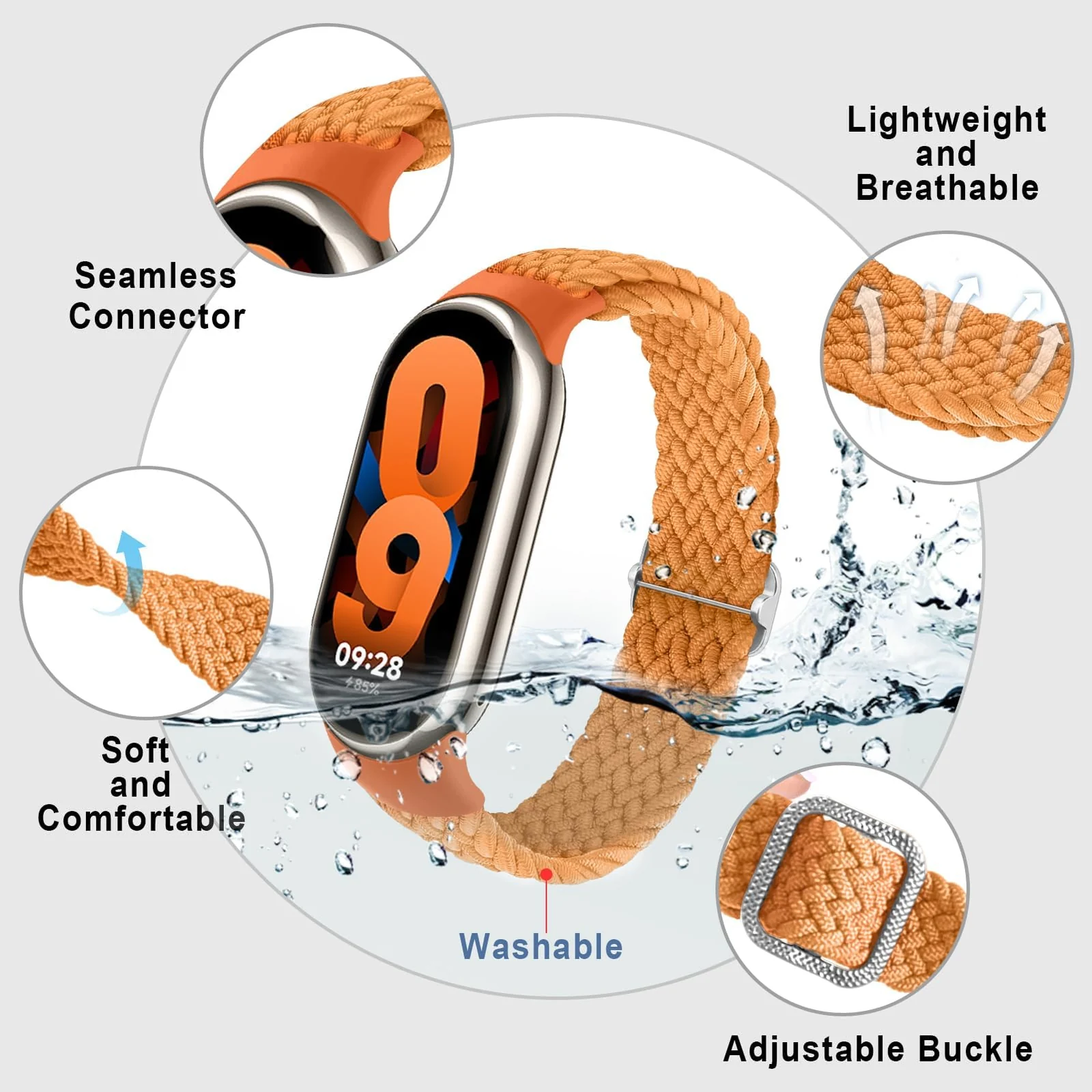 DL3 Mobilak Compatible with Xiaomi Mi Band 10/9/8 strap, Braided Solo Loop for Nylon Elastic Adjustable Replacement Wristband Compatible with Xiaomi Smart Band 8/9/10 - Orange