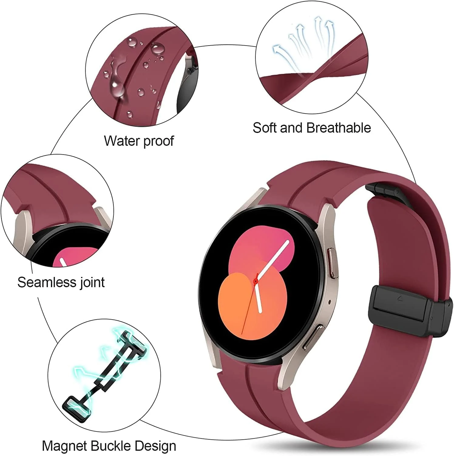 DL3 Mobilak Strap Compatible with Samsung Galaxy Watch 7 FE 6 5 4 Strap 40mm 44mm/Watch 6 Classic 43mm 47mm/5 Pro 45mm/4 Classic 42mm 46mm, No Gap Magnetic Clasp Silicone Band - Black