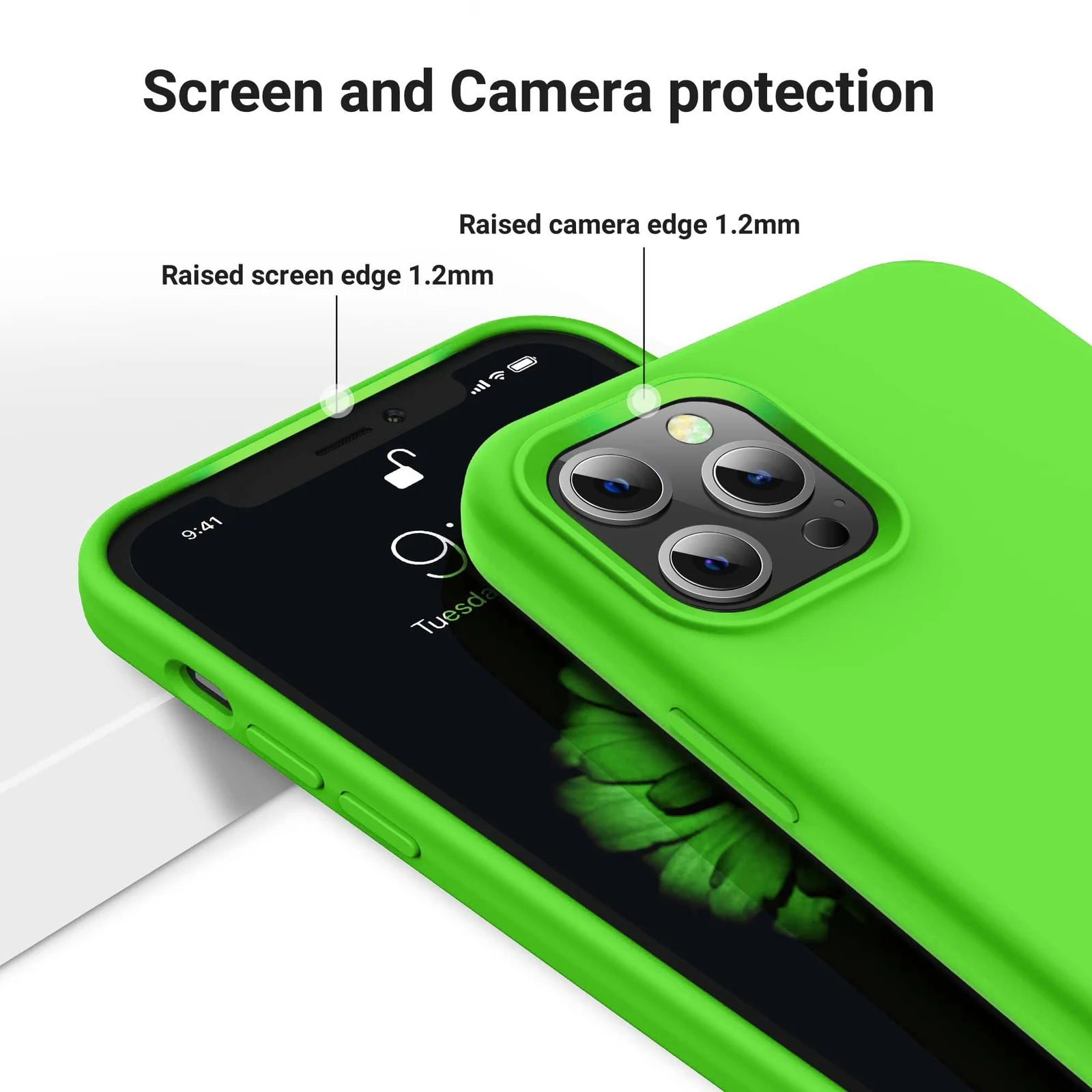 DL3 Mobilak Liquid Silicone Protective Case for iPhone 12 / 12 Pro (6.1 Inch) with Camera Protection and Microfiber Lining - A Neon Green