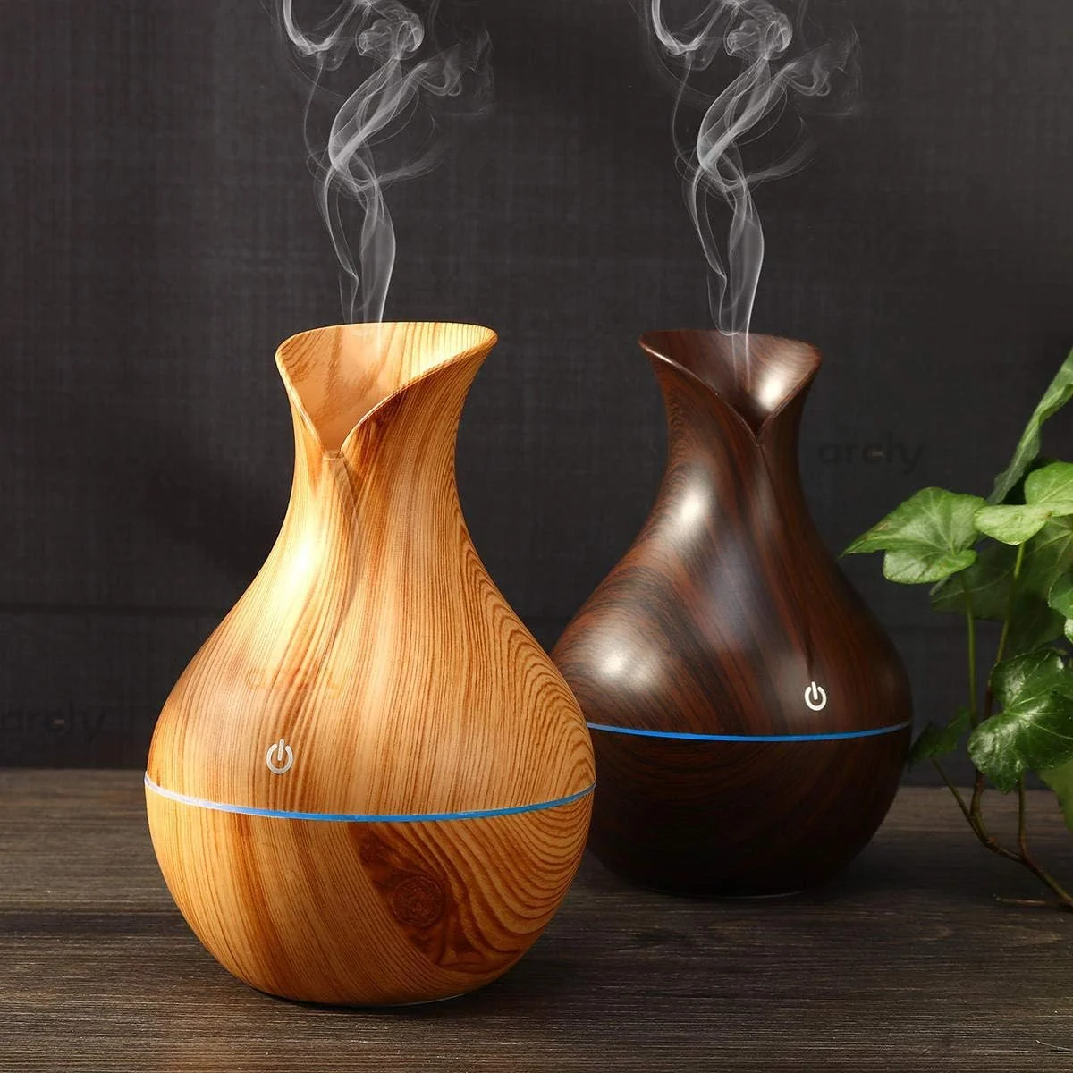 Mobigon Wood Cool Mist Ultrasonic Humidifier for Room Moisture, Aroma Diffuser for Home, 200ml Essential Oil Diffuser with 7 Colorful Night Light, Auto Shut-Off, Home, Office, car - E.Light Brown
