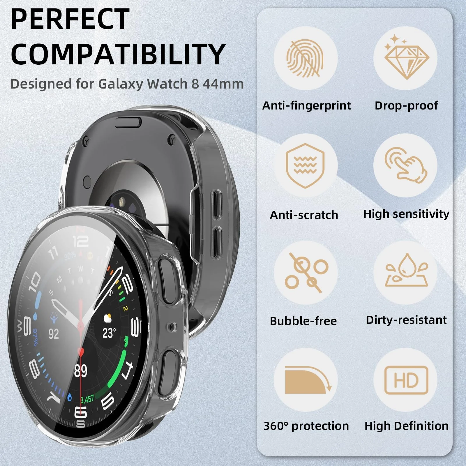 DL3 Mobilak Case Compatible with Samsung Galaxy Watch 8 44mm, Full Coverage Slim Hard Case Protective Bumper Built-in Tempered Glass Screen Protector Shell for Galaxy Watch8 44 mm - Clear