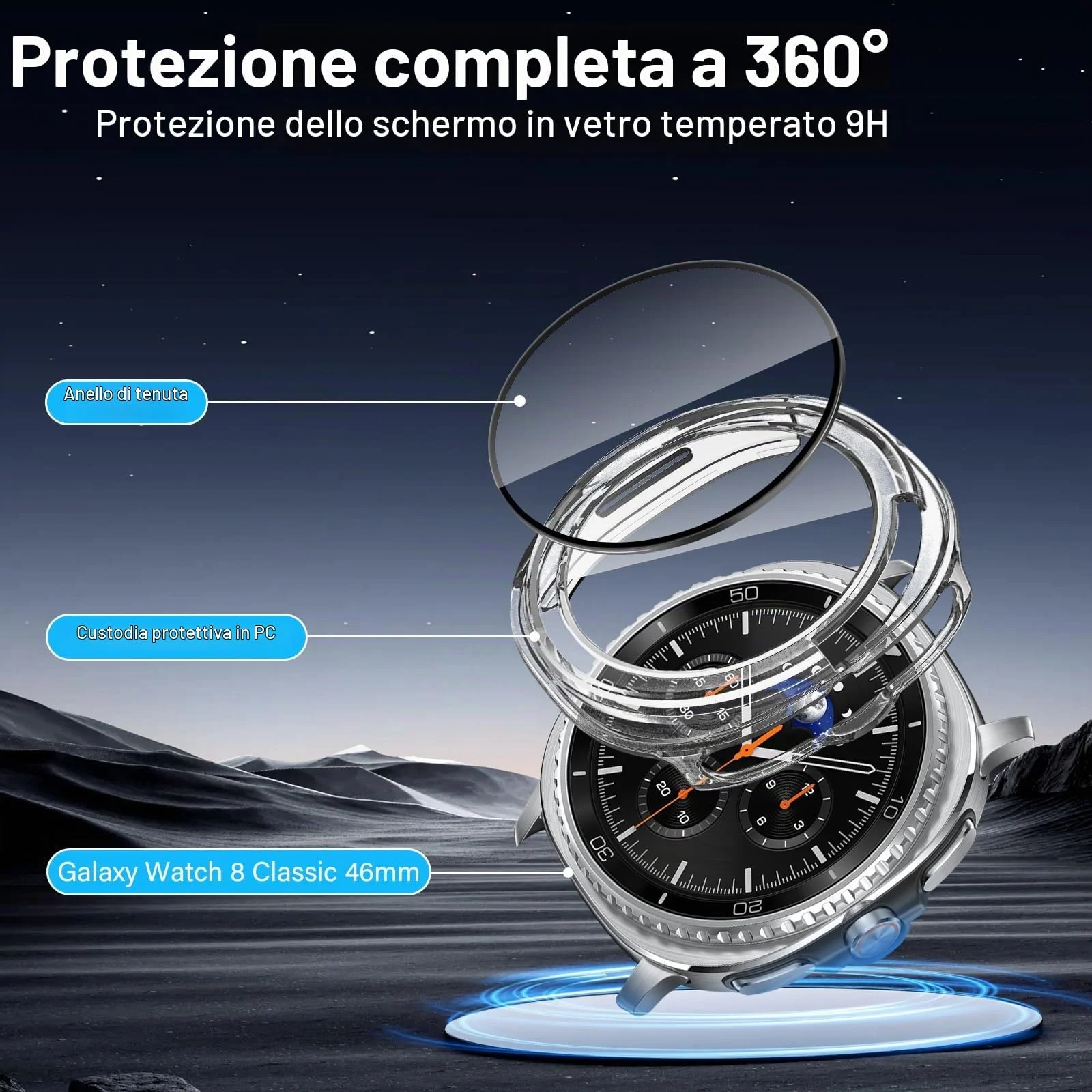 DL3 MOBILAK Full-Coverage Watch Case with Tempered Glass for Samsung Galaxy Watch 8 Classic 46 mm, Clear