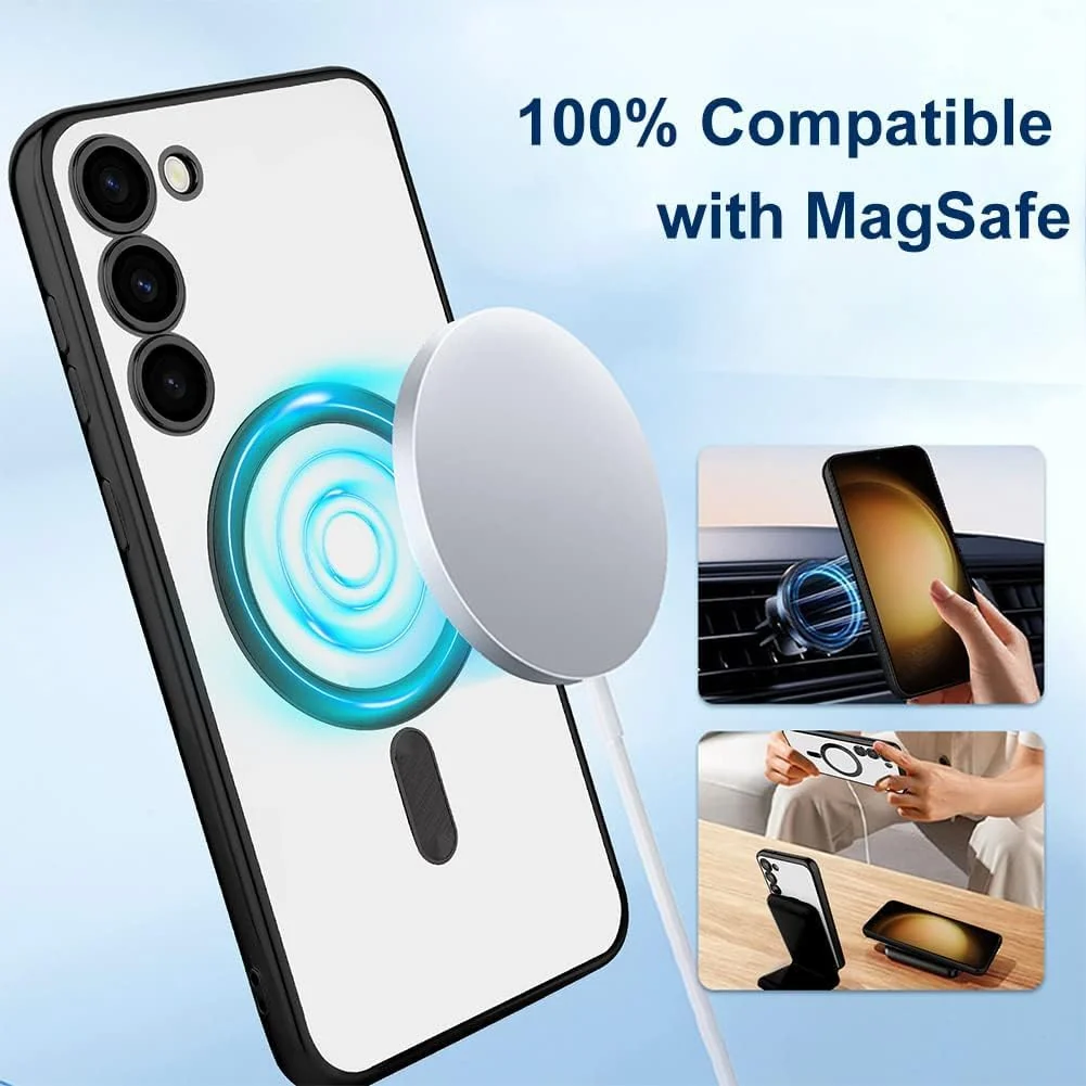 DL3 Mobilak Case for Samsung Galaxy S23 MagSafe with Camera Lens Protector, Magnetic Clear Case Full Protection Plating Anti-Scratch Slim Thin Case Cover - Black