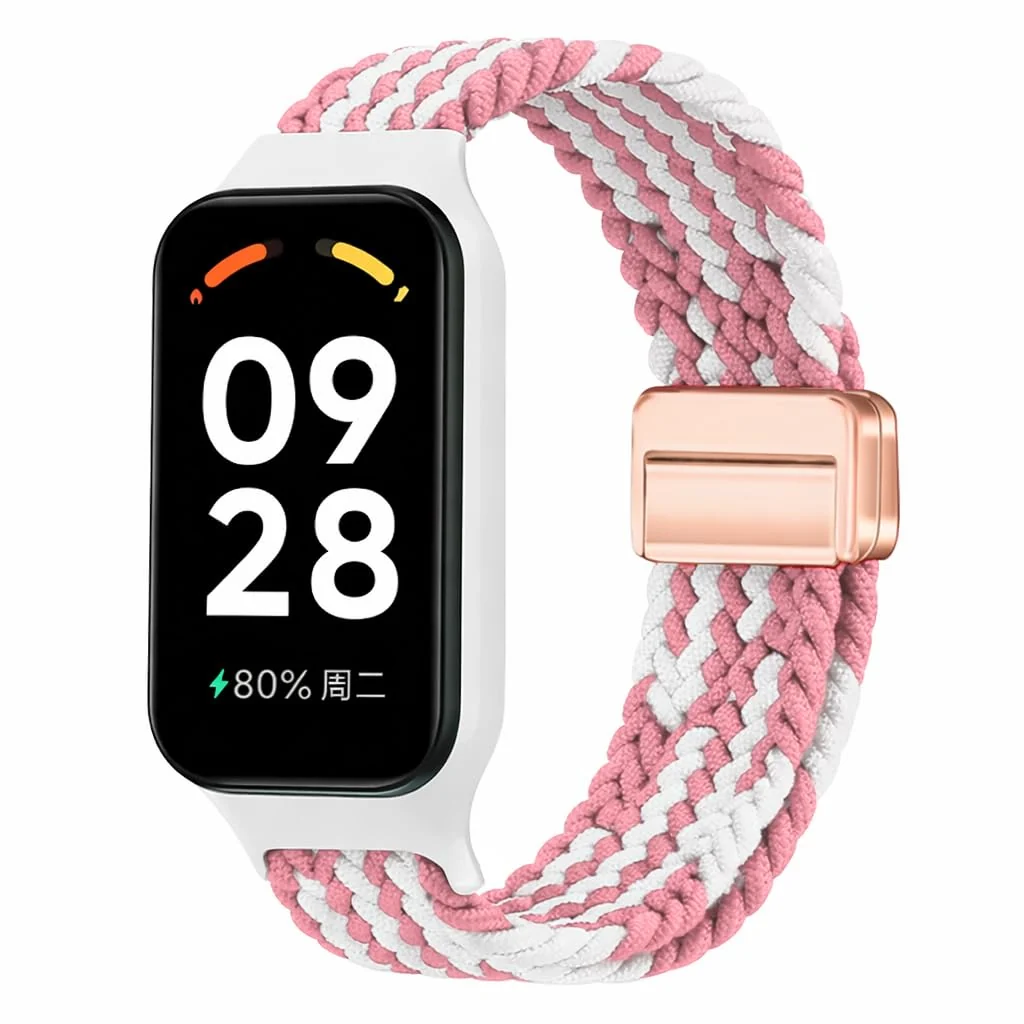 DL3 Mobilak Nylon Braided Band Compatible with Redmi Smart Band 2 / Xiaomi Smart Band 8 Active, Magnetic Elastic Strap Soft Breathable Adjustable Wristband for Men Women - White Pink