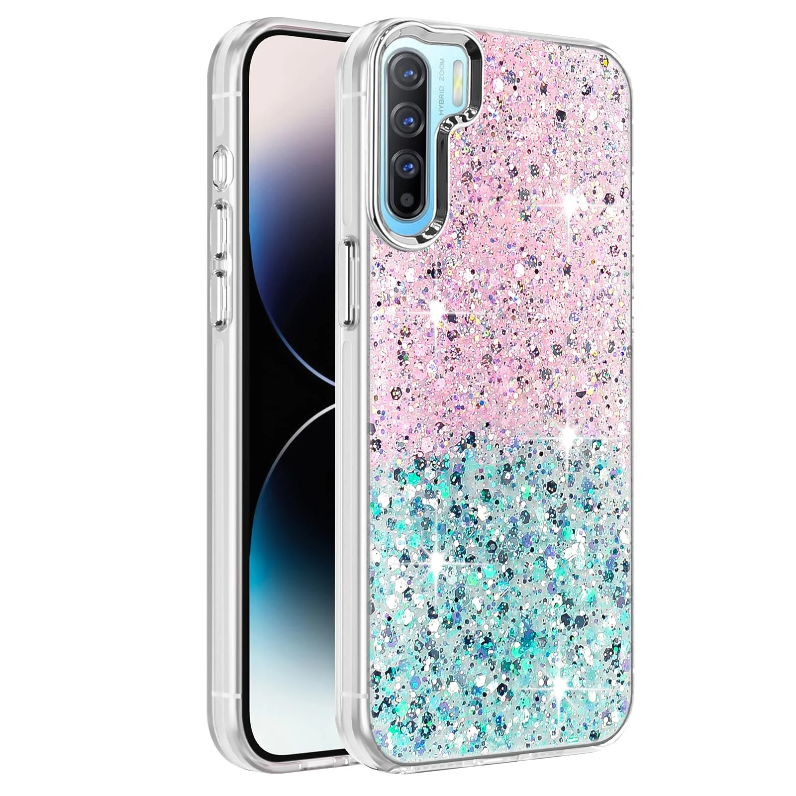 Dl3 Mobilak Compatible with Oppo Reno 3 Case, Clear Glitter Bling Sparkly, Soft TPU Frame Bumper, Hard-Back Cover for Women & Girls, Transparent Protective Phone Case (Pink Purple)