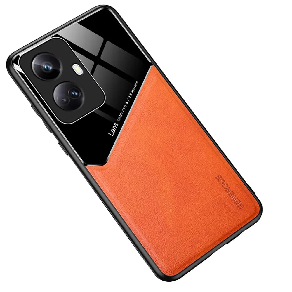 DL3 Mobilak Leather and PC Protective Case for realme 10 Pro + / realme 10 Pro Plus, Built-in magnetic car-mount support, Shock-absorbing protection, Raised edges around the screen and camera - Orange