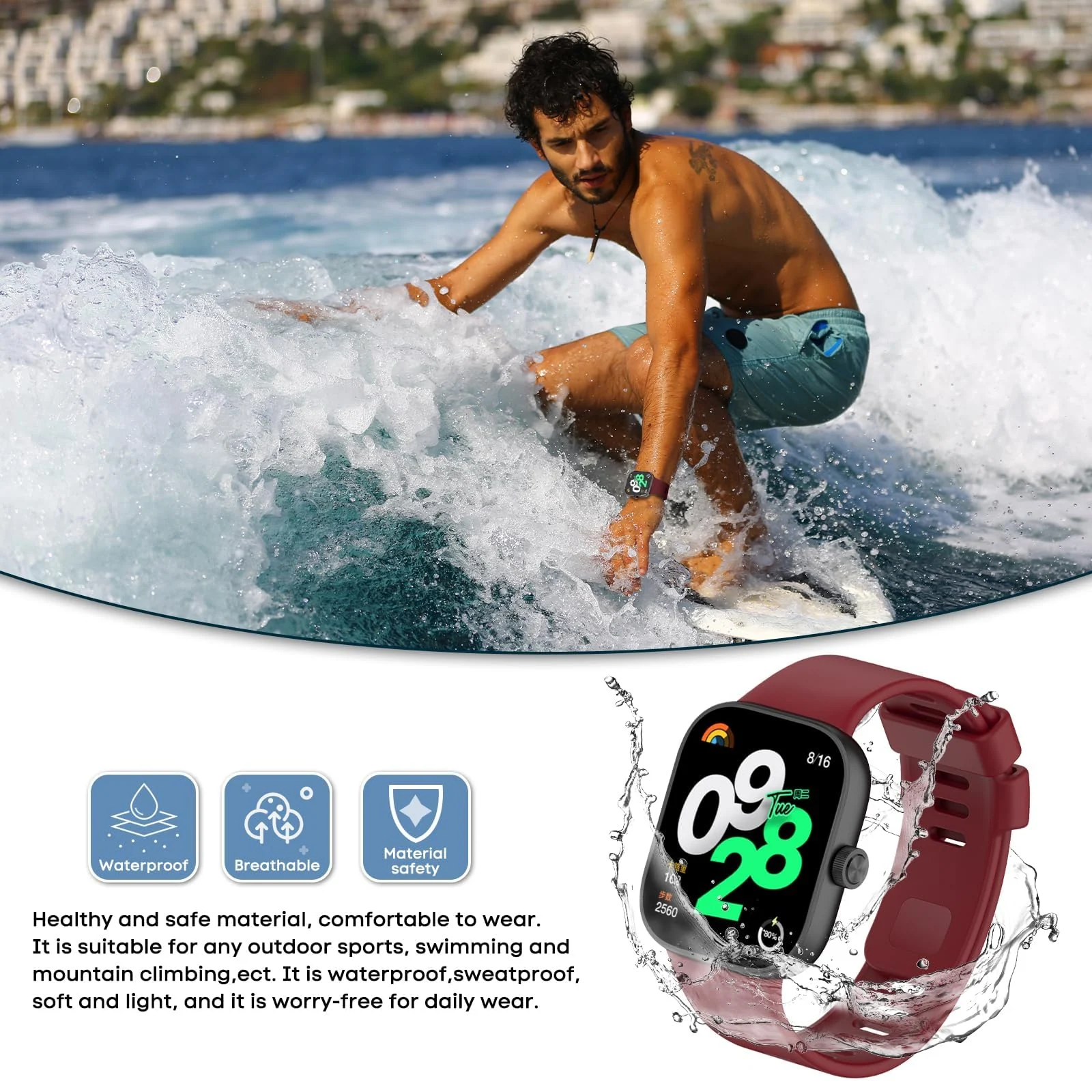 DL3 Mobilak Bracelet Compatible with Xiaomi Redmi Watch 6/5/4 / Xiaomi Smart Band 10 Pro/9 Pro/8 Pro, Soft TPU Replacement Strap Sports, Strap for Men and Women - Wine Red