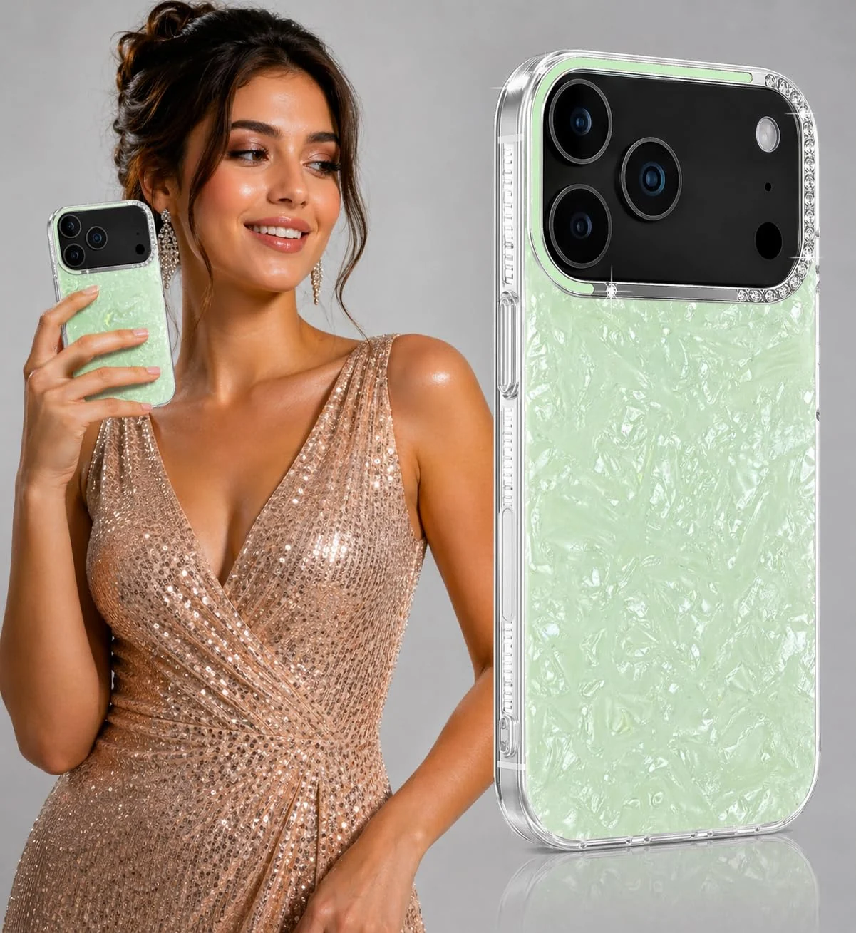 DL3 Mobilak Glitter Rhinestone Protective Case for iPhone 15 Pro Max with Shockproof Design - Mint Green