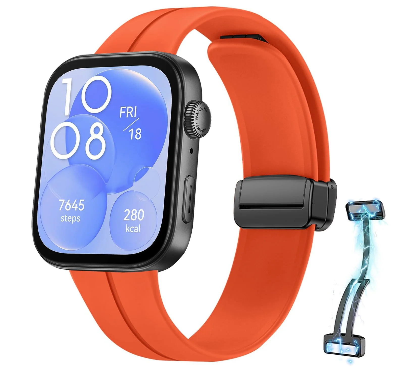 DL3 Mobilak Silicone Strap Compatible with Huawei Watch Fit 3/Watch Fit 4 Pro/Fit 4 Magnetic Metal Stainless Buckle Sport Silicone Strap, Band Quick Release Soft Replacment Wristband - Orange