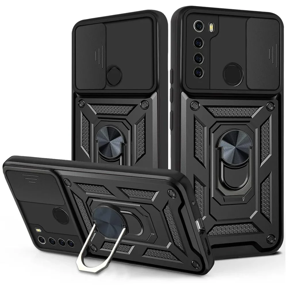 DL3 Mobilak Military-Grade Protective Case with Sliding Camera Cover, Metal Ring Kickstand and Magnetic Car-Mount Support for Xiaomi Redmi Note 8 (2019 / 2021) - Black
