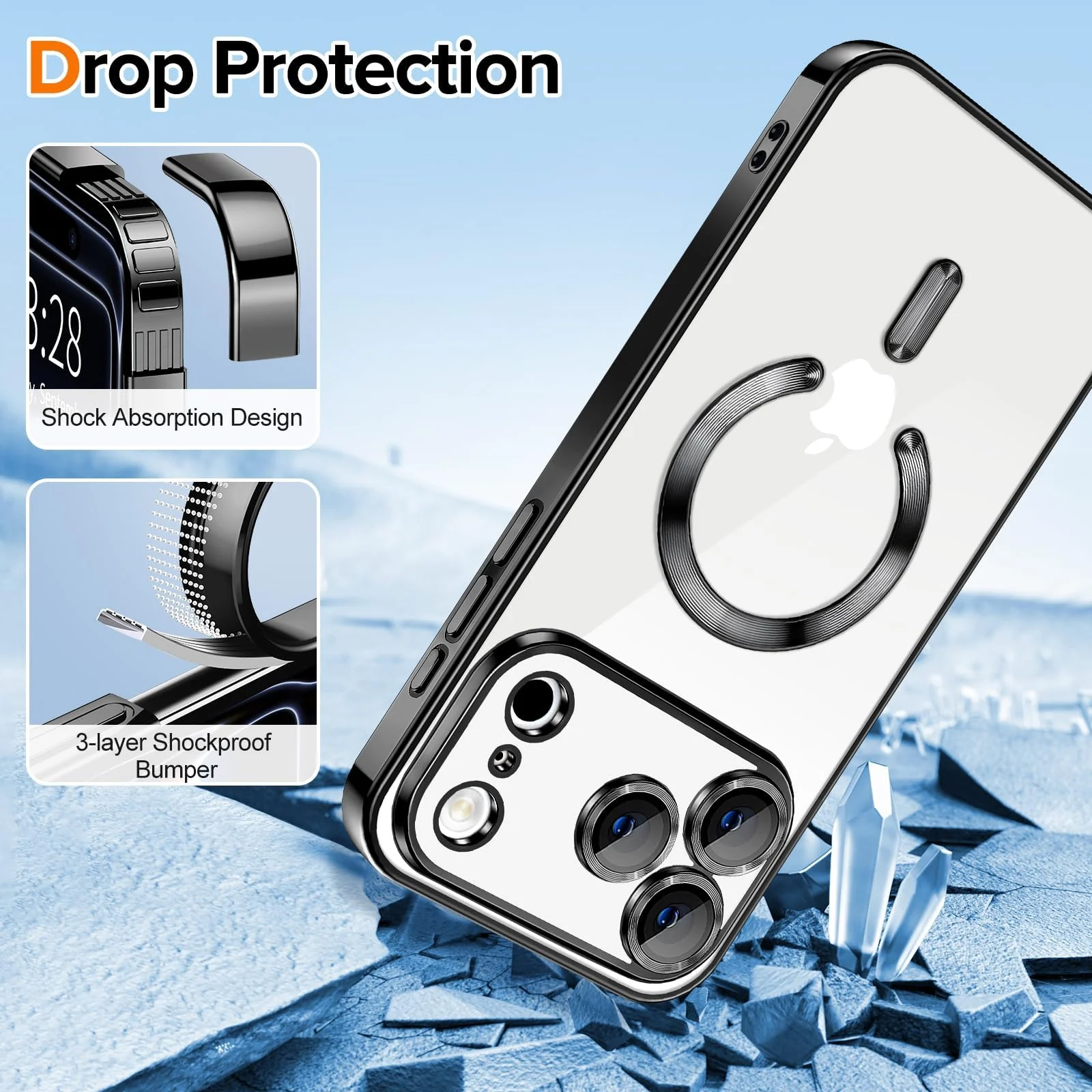 DL3 Mobilak Clear MagSafe-Compatible Magnetic Case for iPhone 17 Pro Max with Camera Protection and Magnetic Car-Mount Support - Black