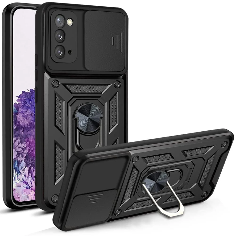 "DL3 Mobilak Case for Samsung Galaxy Note 20 5G (6.7"") with Slide Camera Cover, Military Grade Shockproof Protective Cover with Rotatable Metal Ring Kickstand [Support Magnetic Car Mount] - Black"