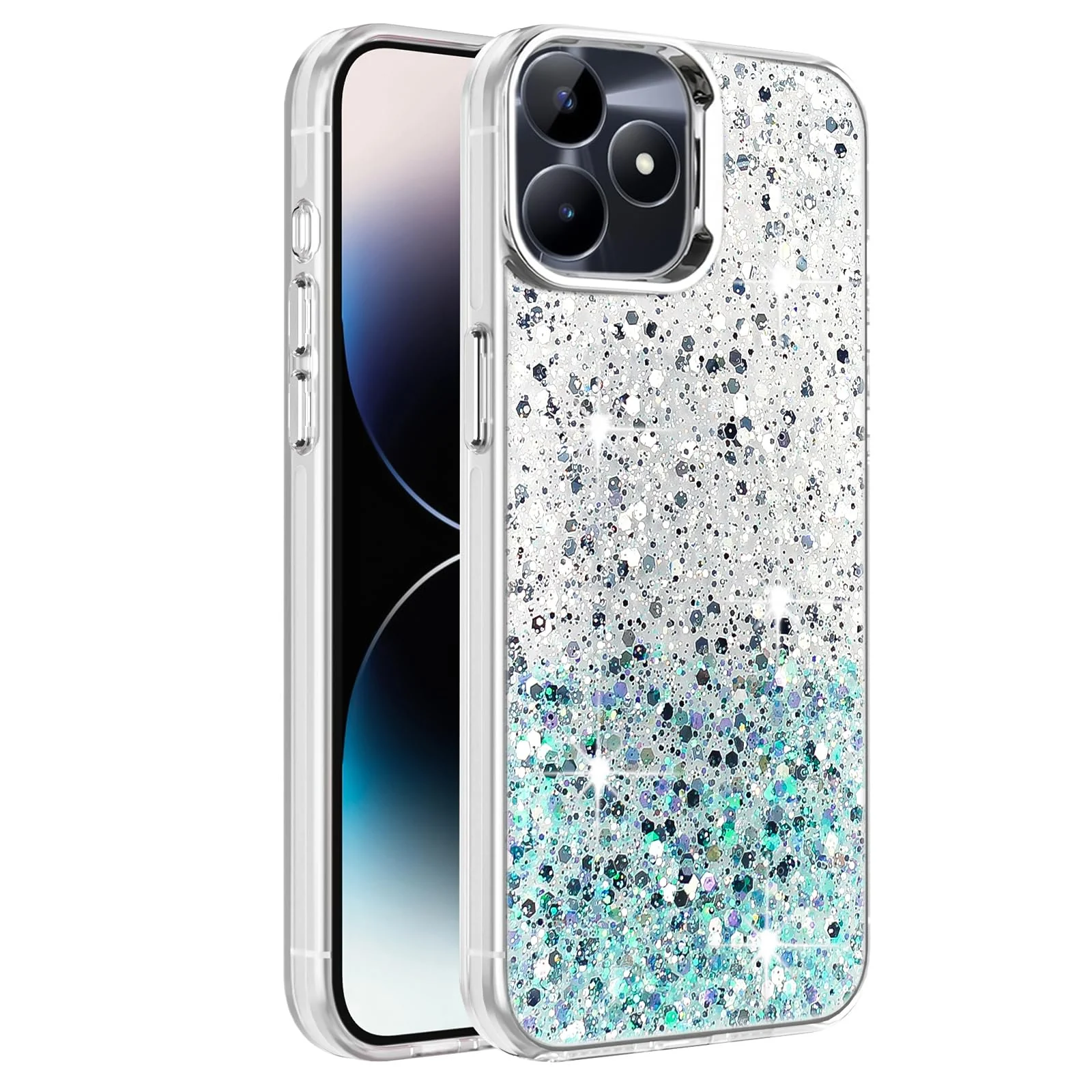 DL3 Mobilak Compatible with realme C53 / realme C51 / realme Note 50 Case, Clear Glitter Bling Sparkly, Soft TPU Frame Bumper, Hard-Back Cover for Women & Girls, Transparent Protective - White Green