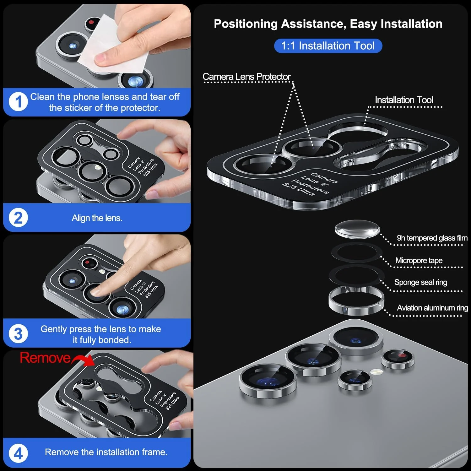 DL3 Mobilak for Samsung Galaxy S25 Ultra Camera Lens Protector, Individual Lens Protectors, Scratch-Resistant Ultra-Thin Tempered Glass with Aluminum Ring Cover, Galaxy S25 Ultra Case Friendly - Silver
