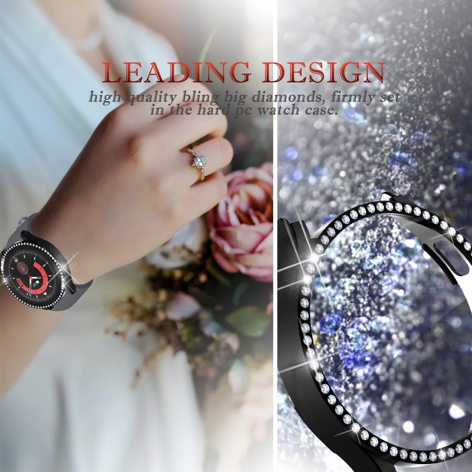 DL3 Mobilak Bumper Diamond Case Compatible with Samsung Galaxy Watch 4 Classic 46mm, Bling Crystal Diamonds PC Plastic Protector Case Cover Frame For Galaxy Watch4 Classic 46 MM - Black