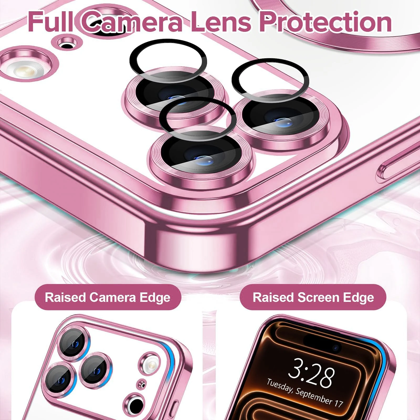 DL3 Mobilak Clear MagSafe-Compatible Magnetic Case for iPhone 17 Pro Max with Camera Protection and Magnetic Car-Mount Support - Pink