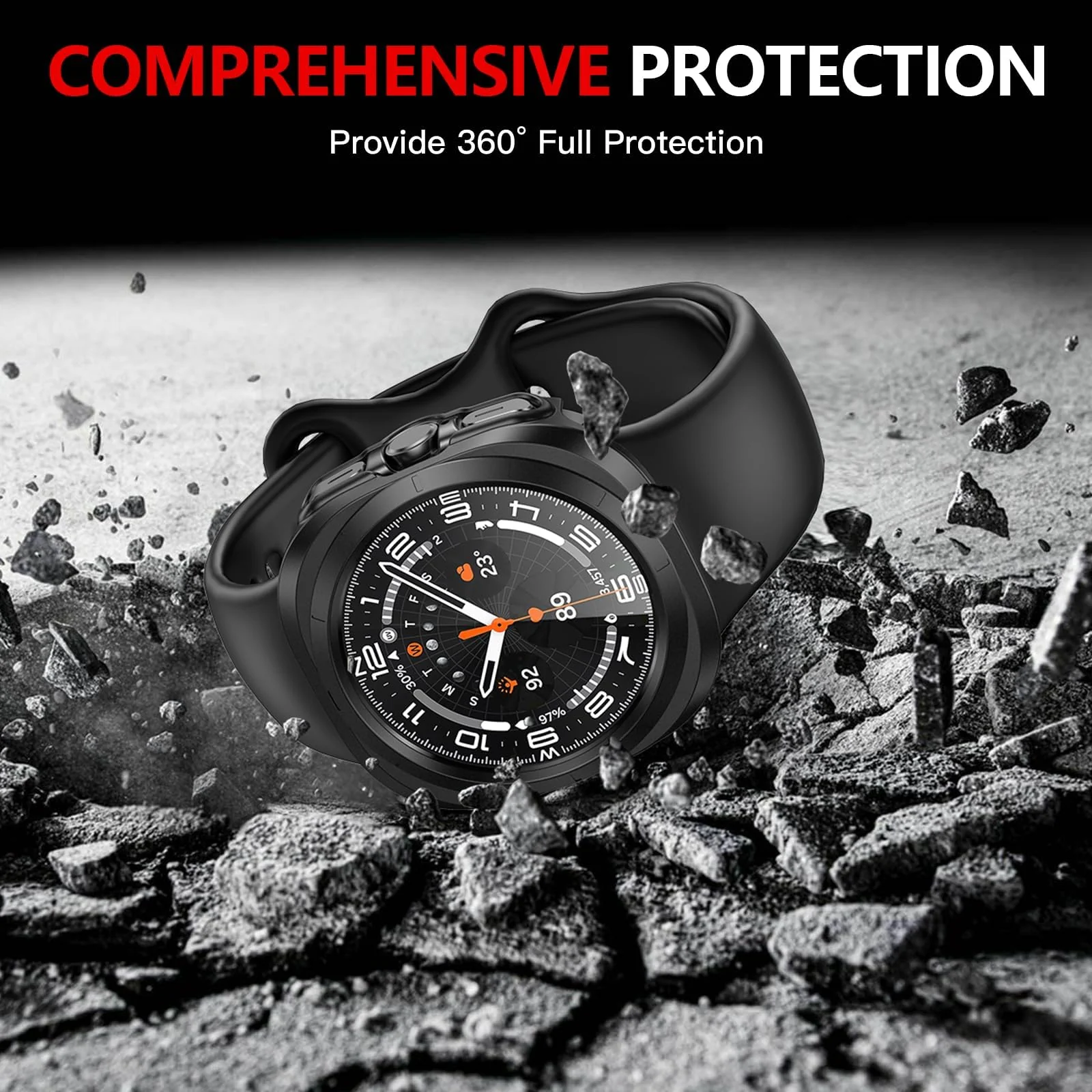 DL3 MOBILAK Case Compatible with Samsung Galaxy Watch Ultra 2025/Galaxy Watch 7 Ultra 2024 47mm, Full Coverage Slim Hard Case Protective Bumper Built-in Tempered Glass Screen Protector Shell - Black
