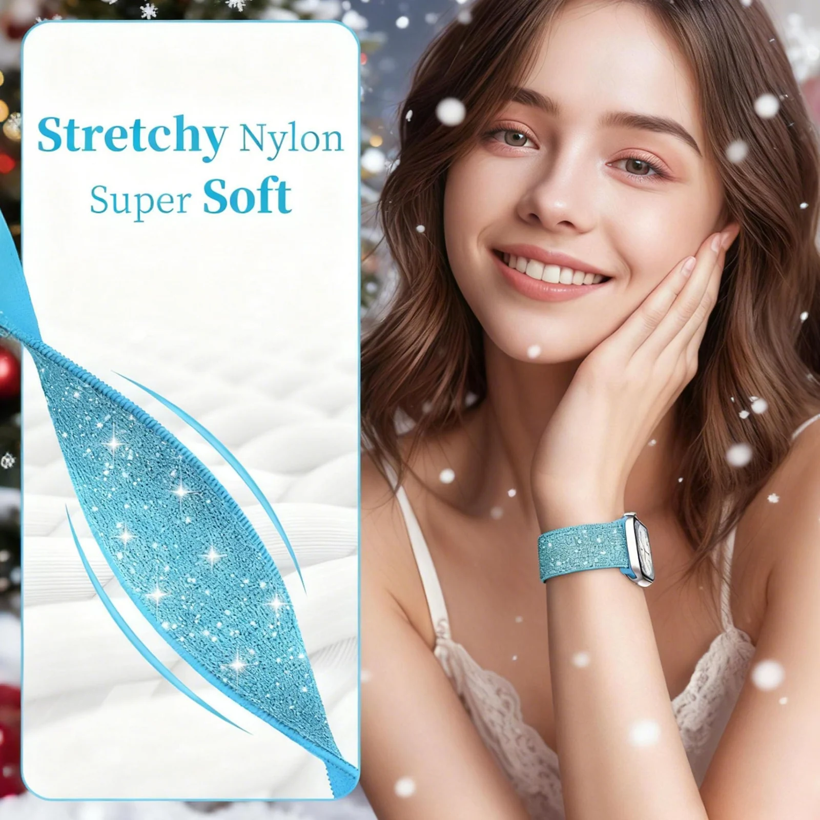 DL3 Mobilak Stretchy Bling Band For Apple Watch 49mm 46mm 45mm 44mm 42mm Women, Nylon Sparkly Strap Solo Loop Glitter Wristband for iWatch Series 11 10 9 8 7 6 5 4 SE3 SE2 SE Ultra 3 2 1 - Sky Blue