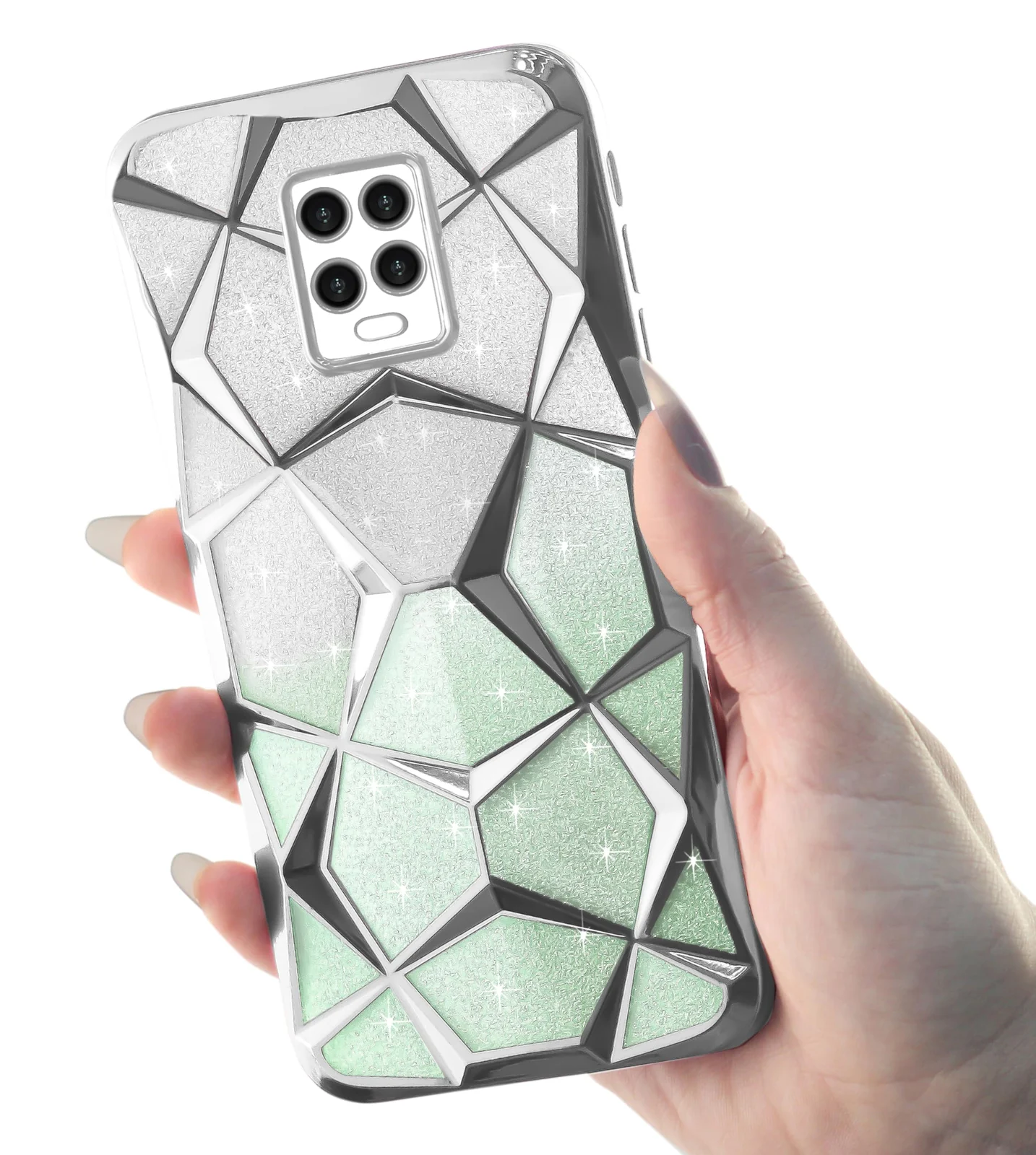 DL3 Mobilak For Xiaomi Redmi Note 9S/Note9 Pro/Note 9 Pro Max Case Plating Bling Gradient Glitter Clear Cover Soft TPU Silicone Cute Camera Protection Shockproof for Women Girls Case - Silver Green
