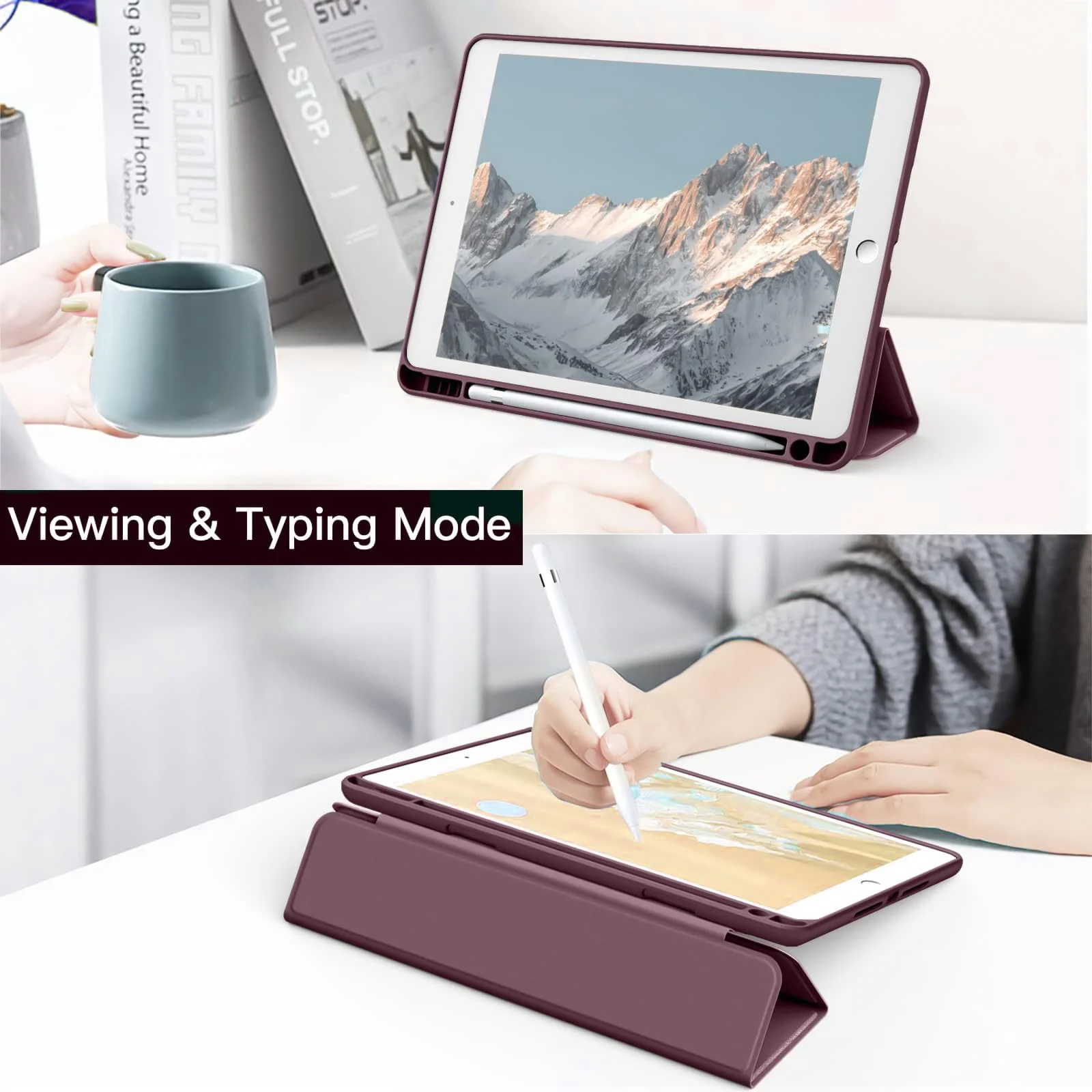 DL3 Mobilak Case for iPad 10.2-Inch (9th/8th/7th Generation, 2021/2020/2019), Clear Shockproof Back Cover Built-in Pencil Holder, Auto Sleep/Wake - Plum