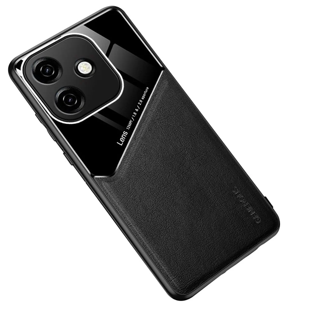 DL3 Mobilak Luxury Case Compatible with OPPO A3 / OPPO A3X, Ultra-Thin Soft TPU Frame, Back Leather Mixed Double+Plexiglass Protective Cover With Built-in Car Magnetic - Black