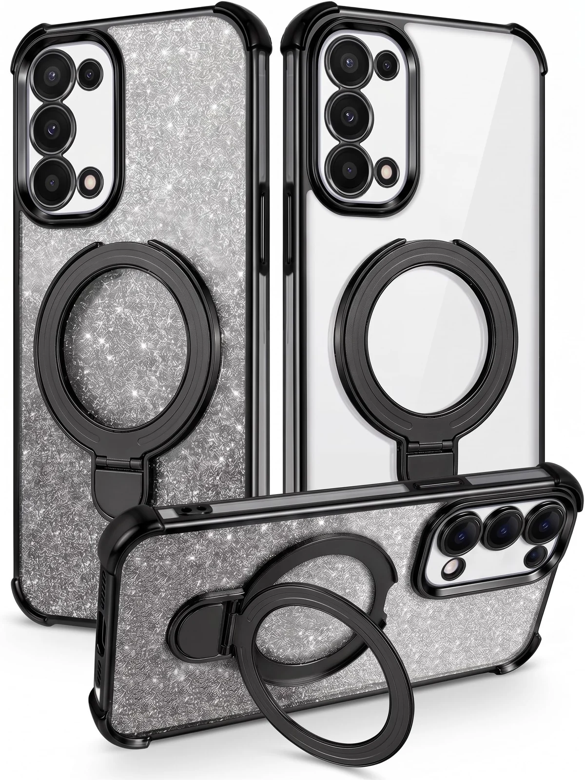 Mobigon Glitter Phone Case Compatible with OPPO Reno 5, Magnetic Ring Stand Shockproof Cover, Clear Soft TPU Bumper with Full Camera Protection - Black