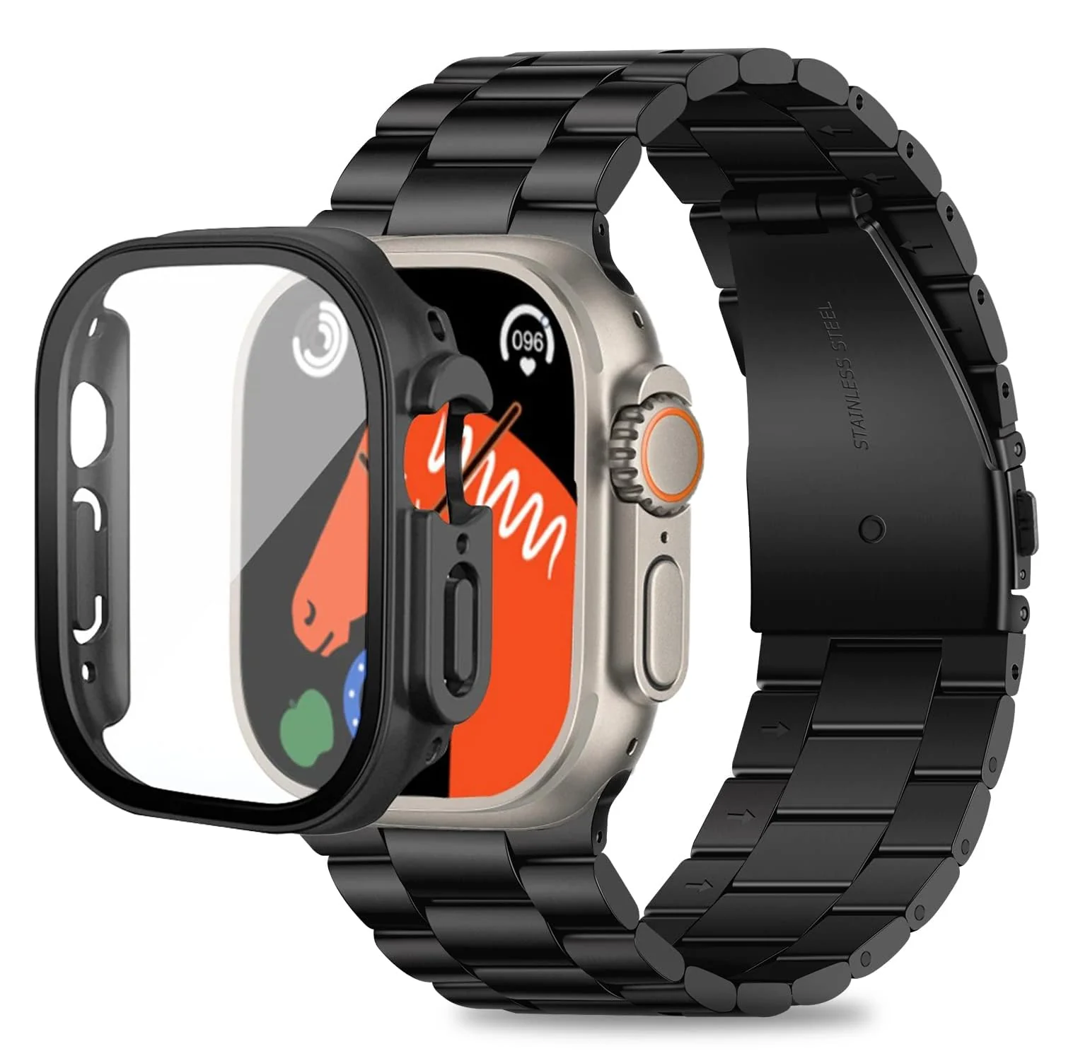 DL3 Mobilak Stainless Steel Band with Case Compatible with Apple Watch Ultra 49mm, Men Woman Business Metal Strap with Protective Bumper Cover for Apple Watch Ultra 2 Ultra 49mm - Black