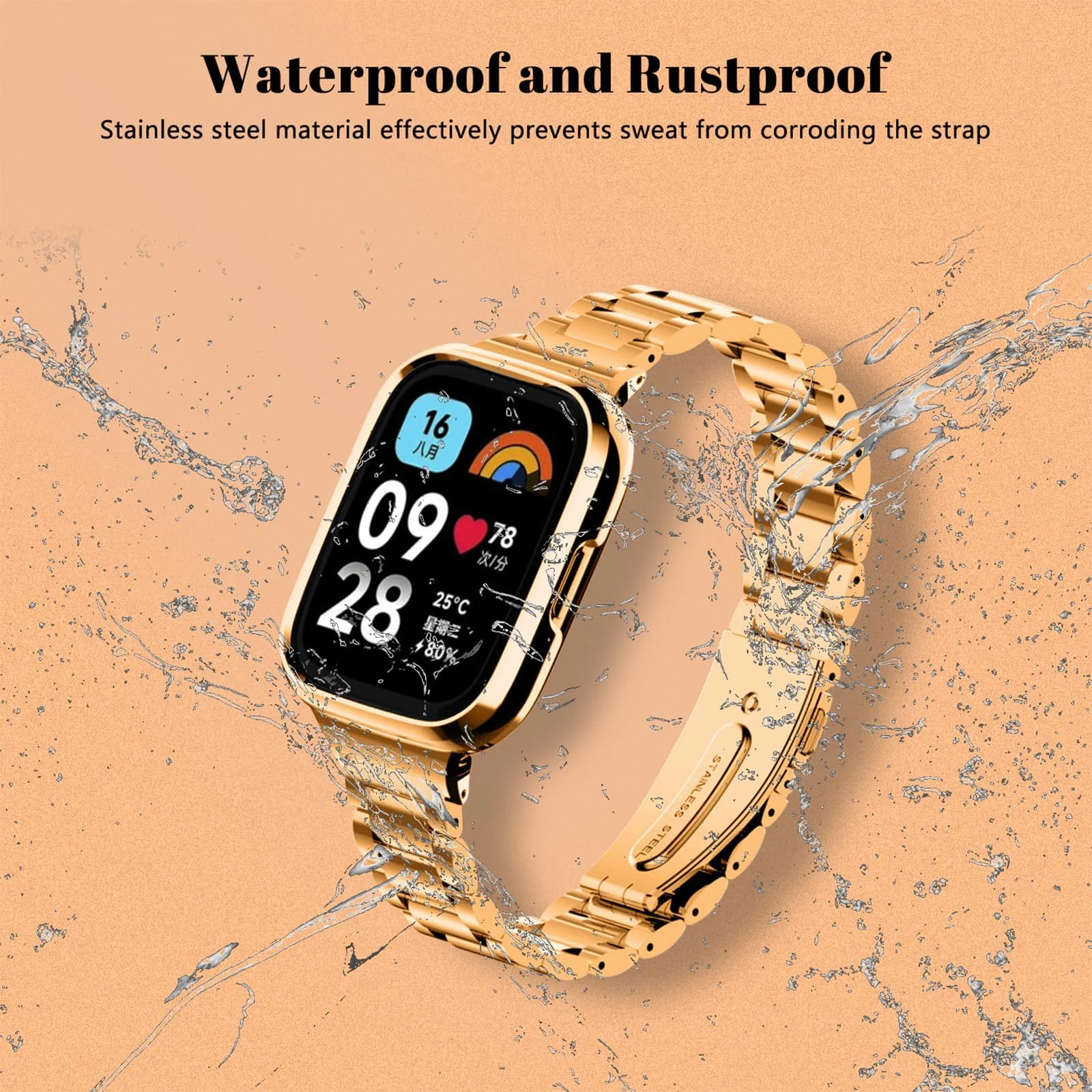 DL3 Mobilak Bracelet Compatible with Xiaomi Redmi Watch 3 Lite/Redmi Watch 3 Active, Stainless Steel Metal Replacement Watch Band With Frame Metal Women Men Replacement Strap - Rose Gold