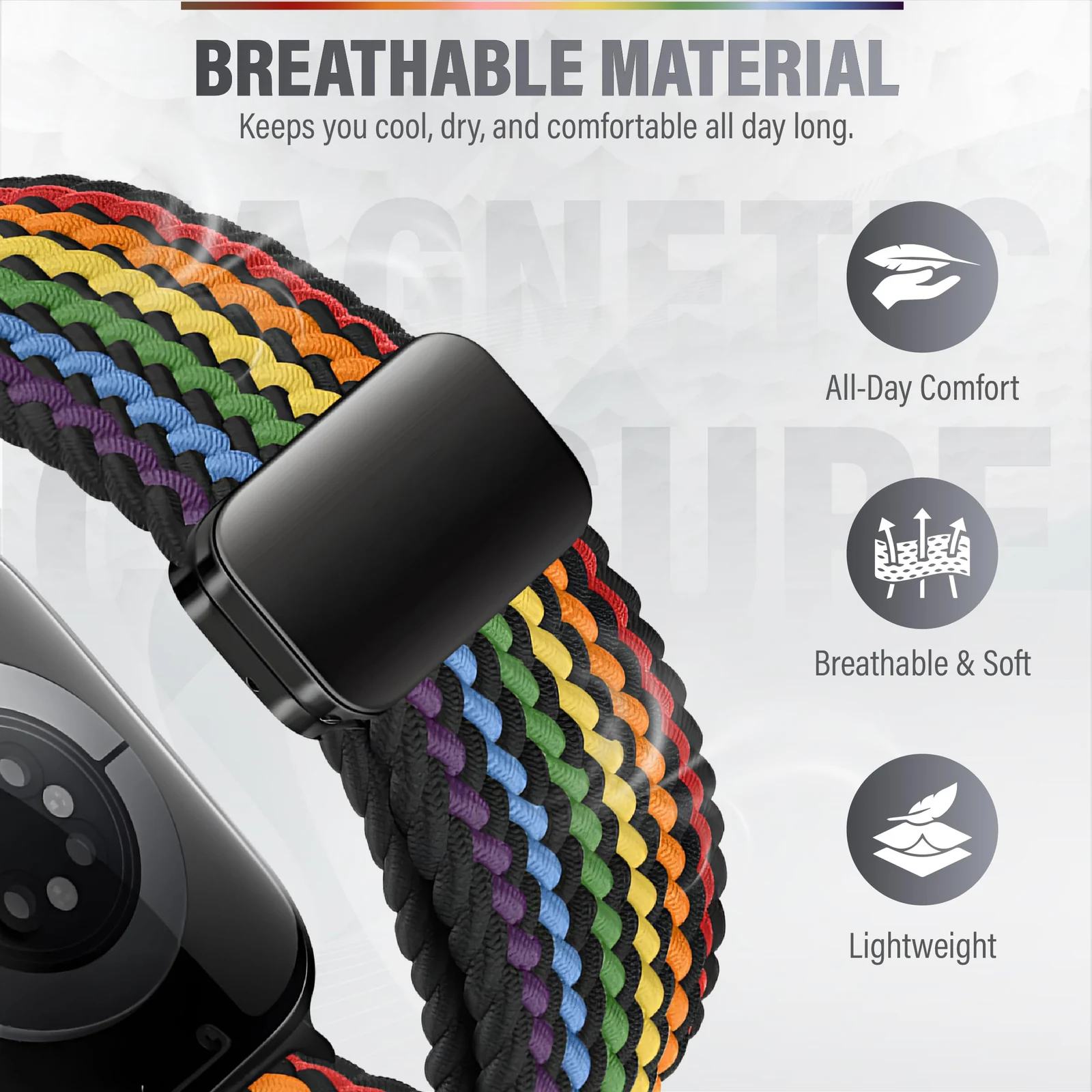 DL3 Mobilak Sport Solo Loop Compatible with Apple Watch Band 42mm 44mm 45mm 46mm 49mm for Women Men, Magnetic Strap Stretchy Braided Wristband for iWatch Series 11 10 9 8 7 6 5 4 3 Ultra 3 2 1 SE SE2 - Colorful Black