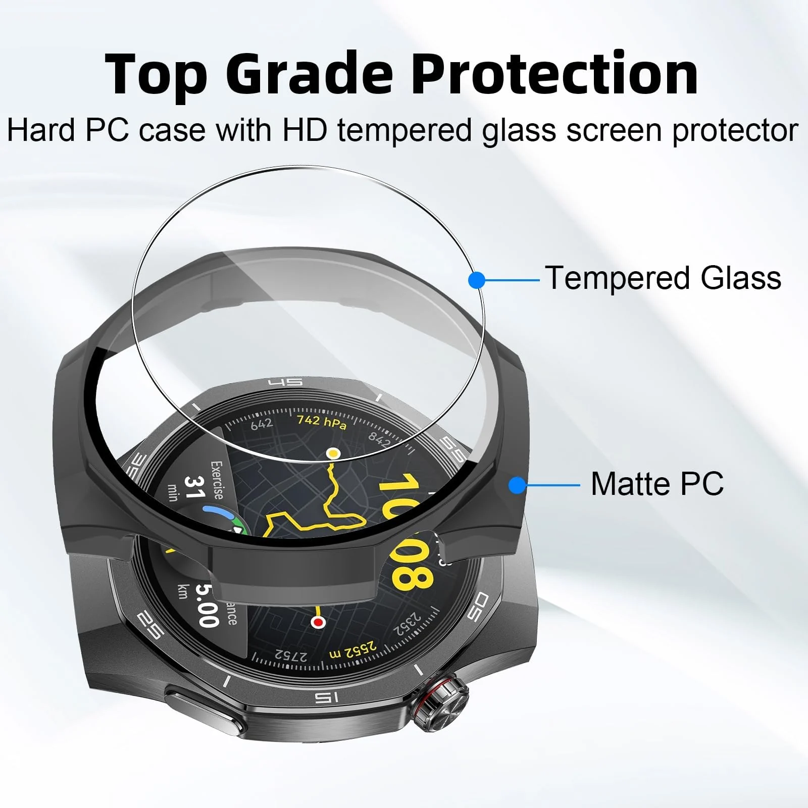 DL3 Mobilak Case with Screen Protector for Huawei Watch GT5 Pro 46mm, Bumper Full Coverage Hard PC Overall Protective Cover, Built-in Tempered Glass Film High Sensitivity - Black