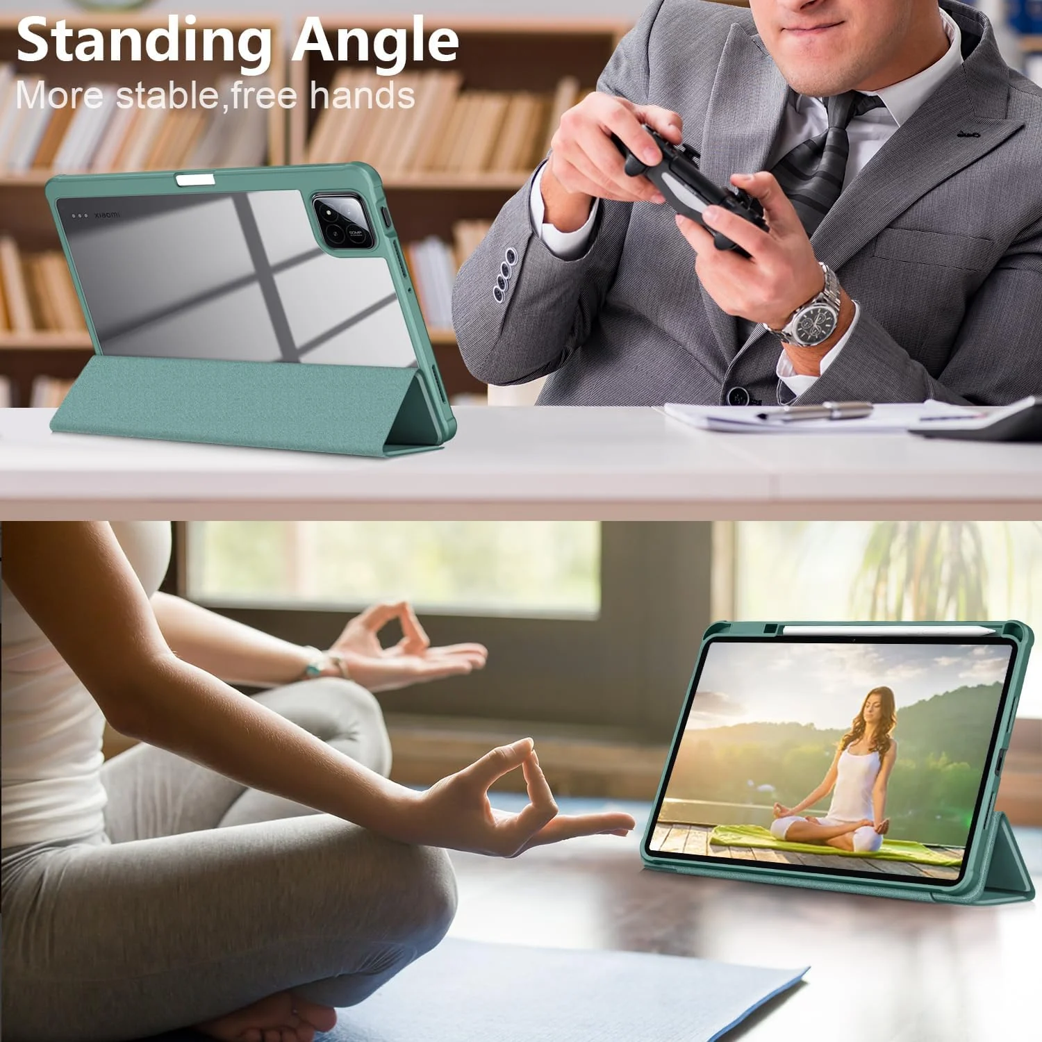 DL3 Mobilak Case for Xiaomi Pad 7 / Xiaomi Pad 7 Pro 2024 11.2 inch, Clear Shockproof Back Cover Built-in Pencil Holder, Auto Sleep/Wake - Green