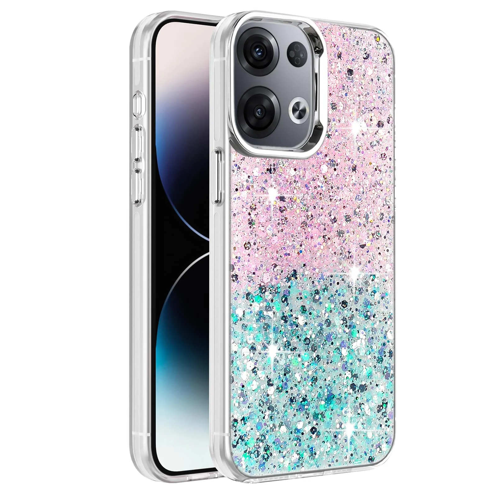 DL3 Mobilak Glitter Protective Case for OPPO Reno 8 5G / Reno8 5G, Supports wireless charging, Camera protection, Shock-absorbing protection - Pink Green